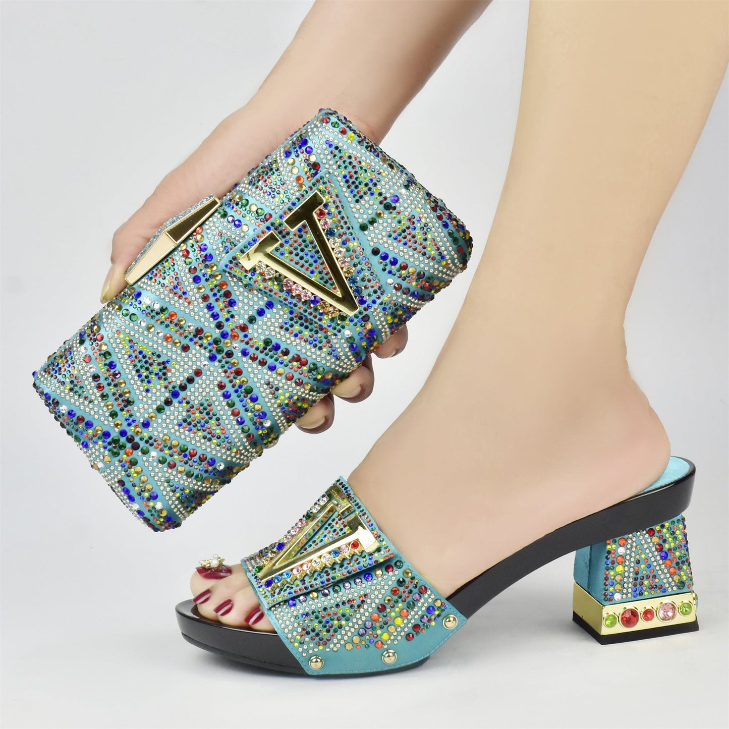 V-Shaped Diamond Horse Shoe Heel 7.5cm Thick Sandals,Rhinestones Women Shoes Bag Set,Beautiful Party WL 21402