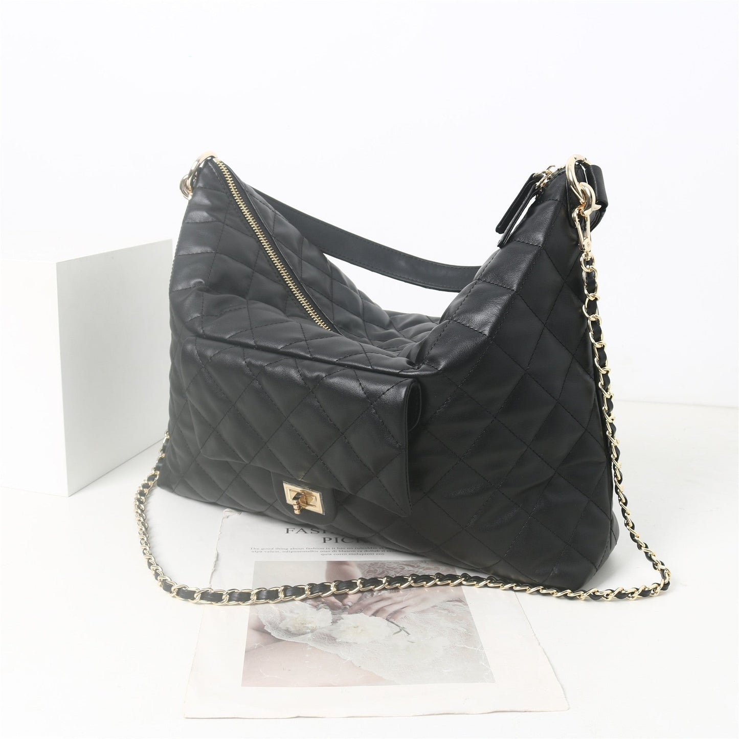 Womens Quilted Leather Large Hobo Chain Cross Body Bag