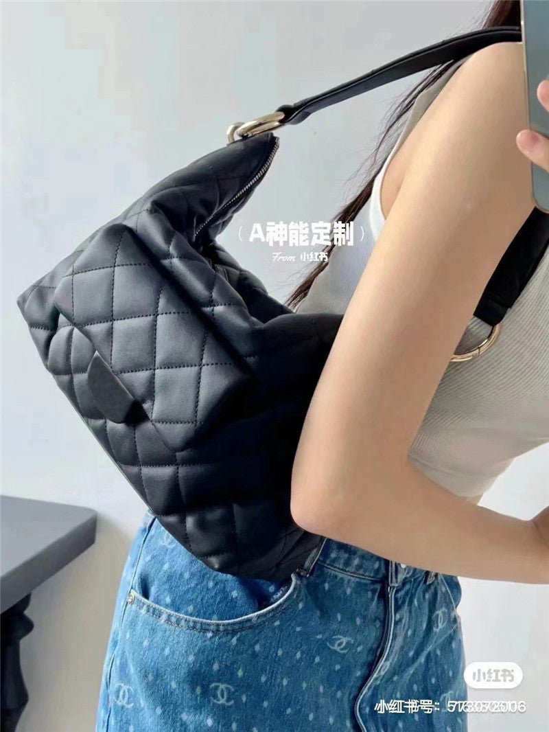 Womens Quilted Leather Large Hobo Chain Cross Body Bag