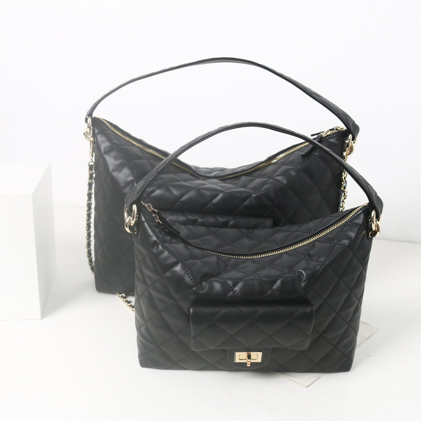 Womens Quilted Leather Large Hobo Chain Cross Body Bag