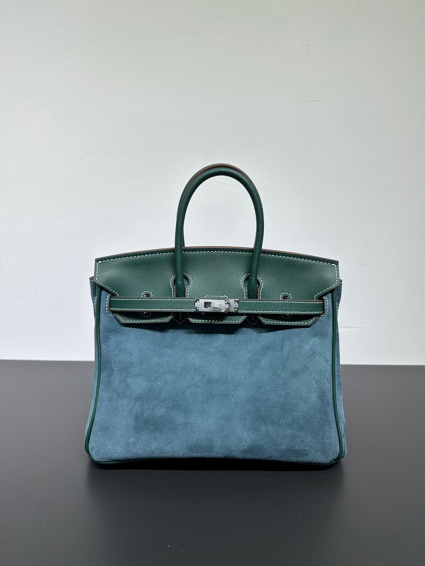 Womens Suede Leather Padlock Top Handle Bag Dark Green