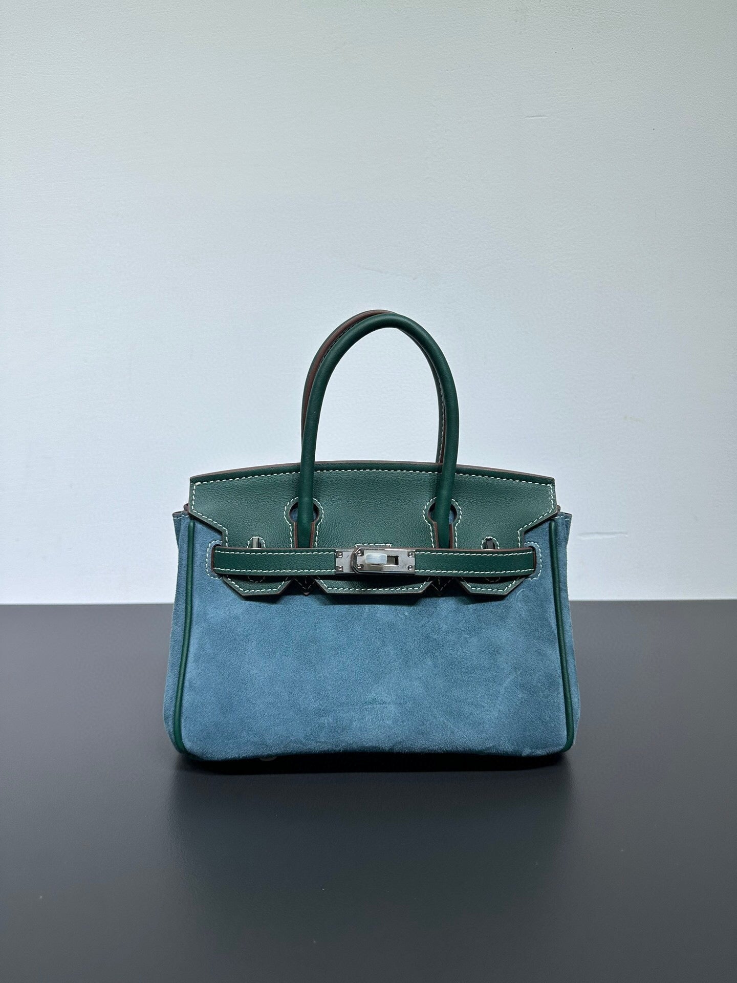 Womens Suede Leather Padlock Top Handle Bag Dark Green