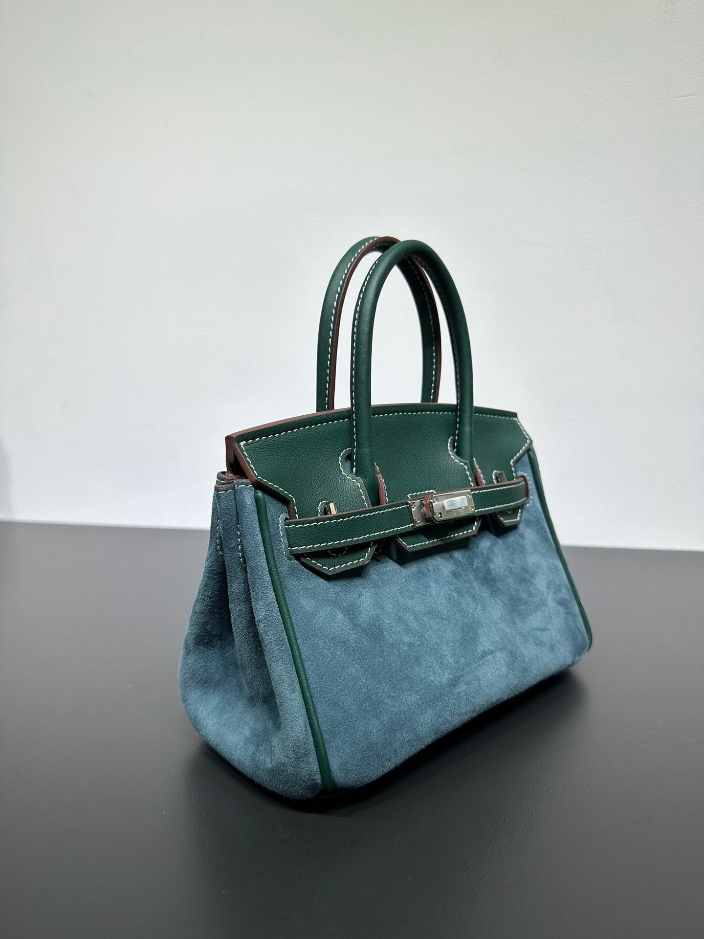 Womens Suede Leather Padlock Top Handle Bag Dark Green