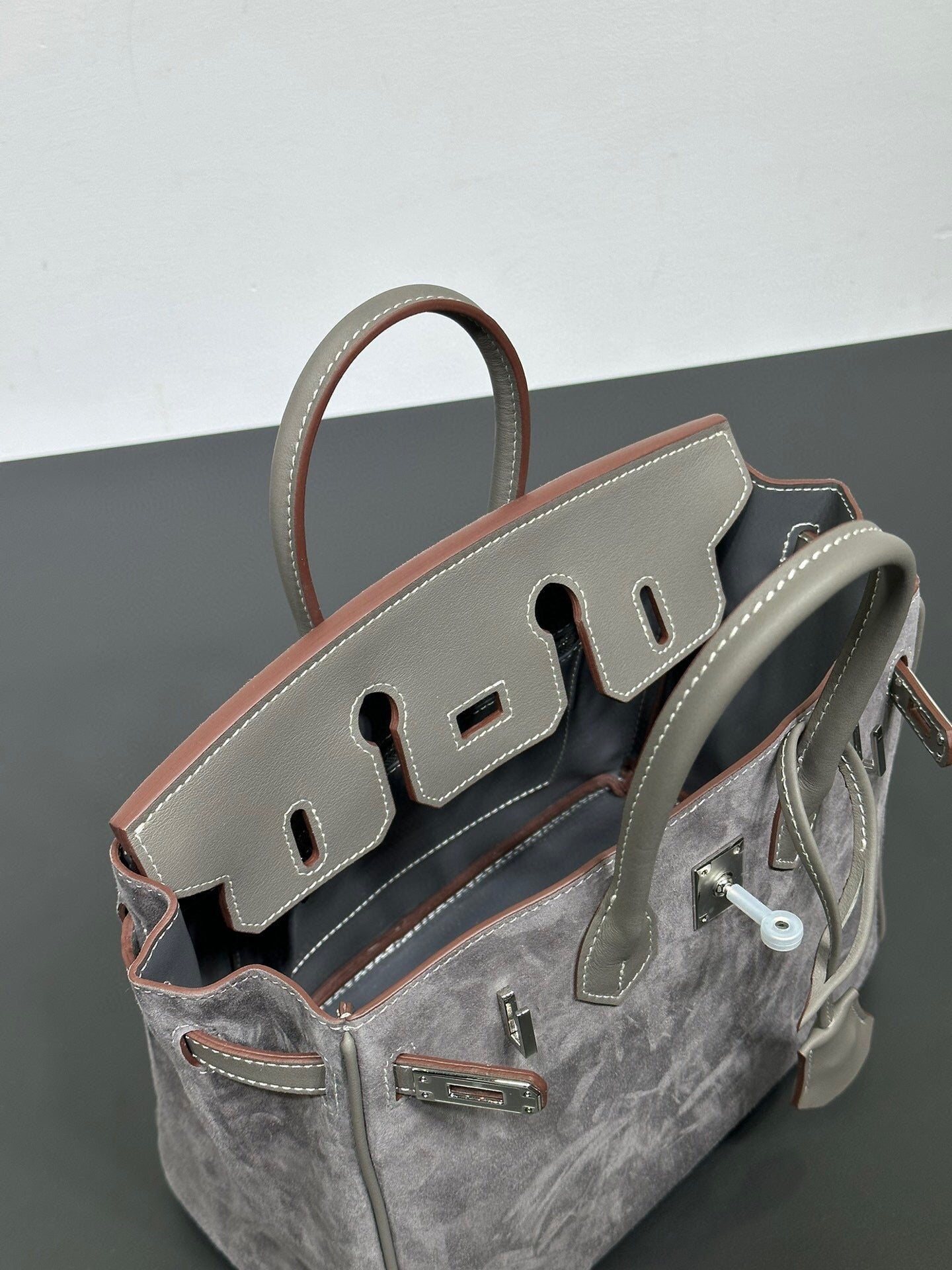 Womens Suede Leather Padlock Top Handle Bag Grey
