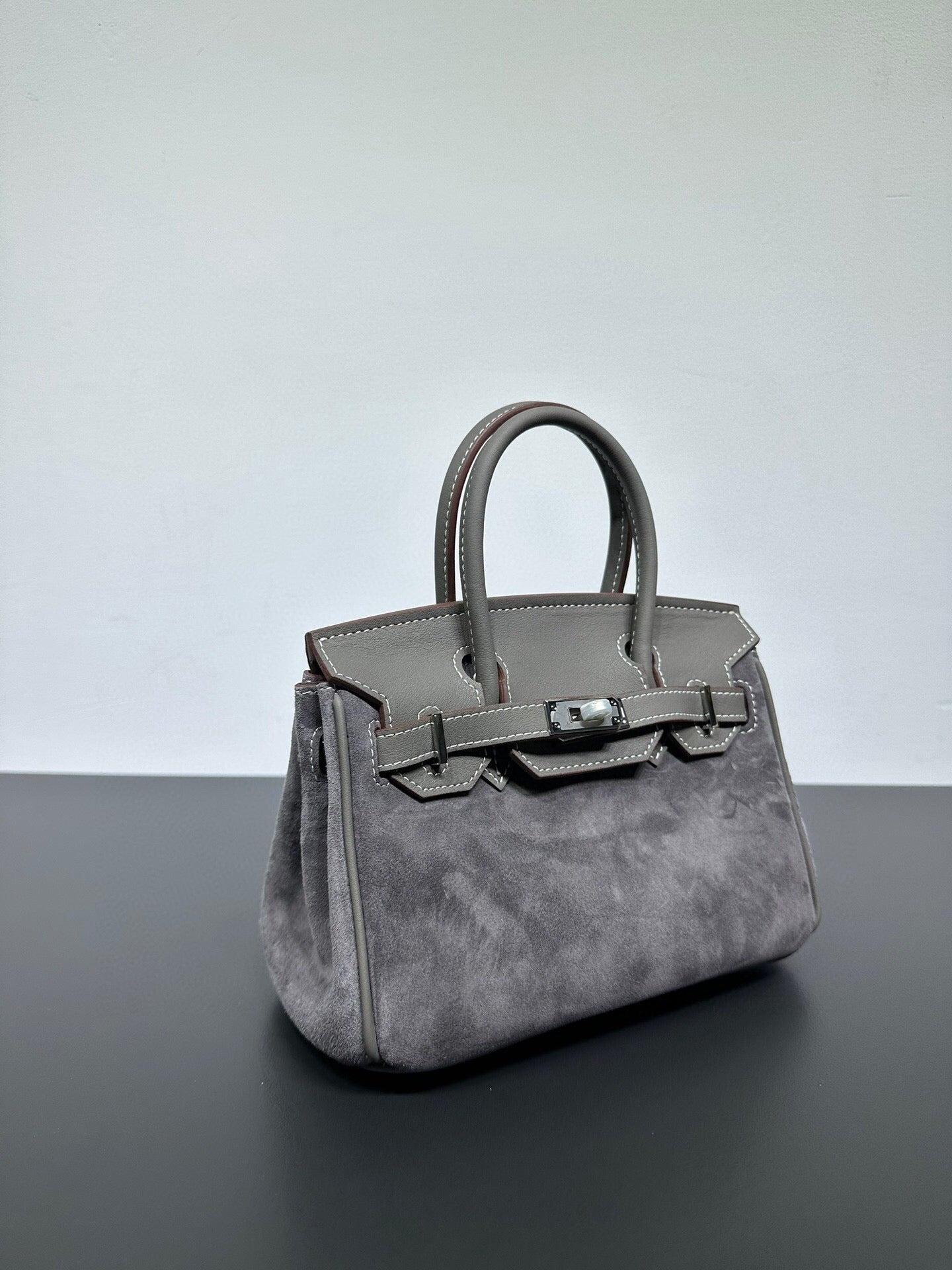 Womens Suede Leather Padlock Top Handle Bag Grey
