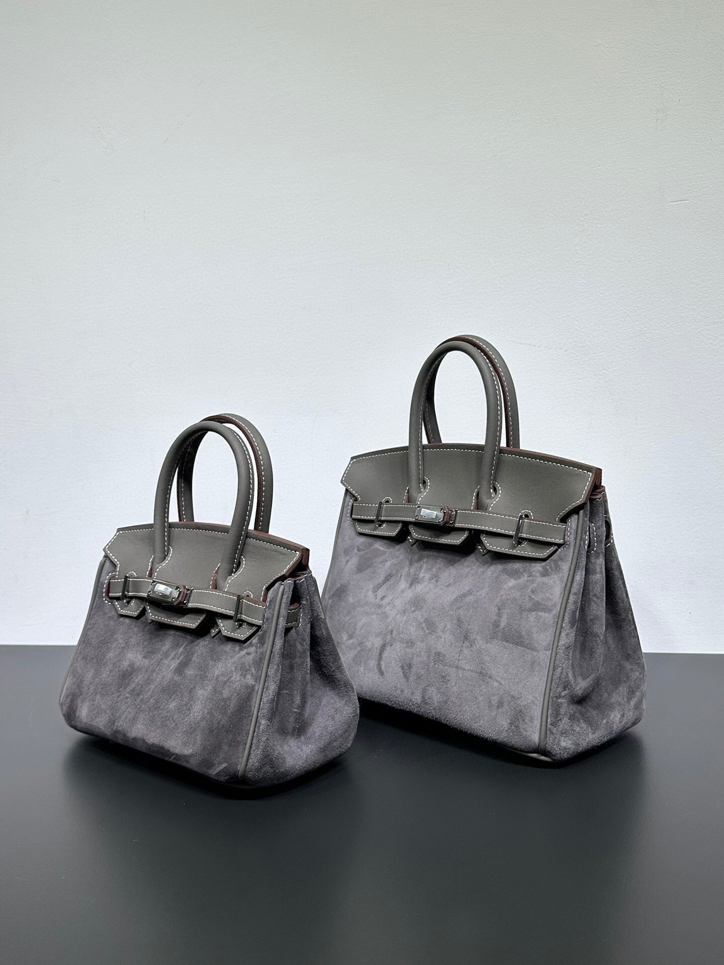 Womens Suede Leather Padlock Top Handle Bag Grey