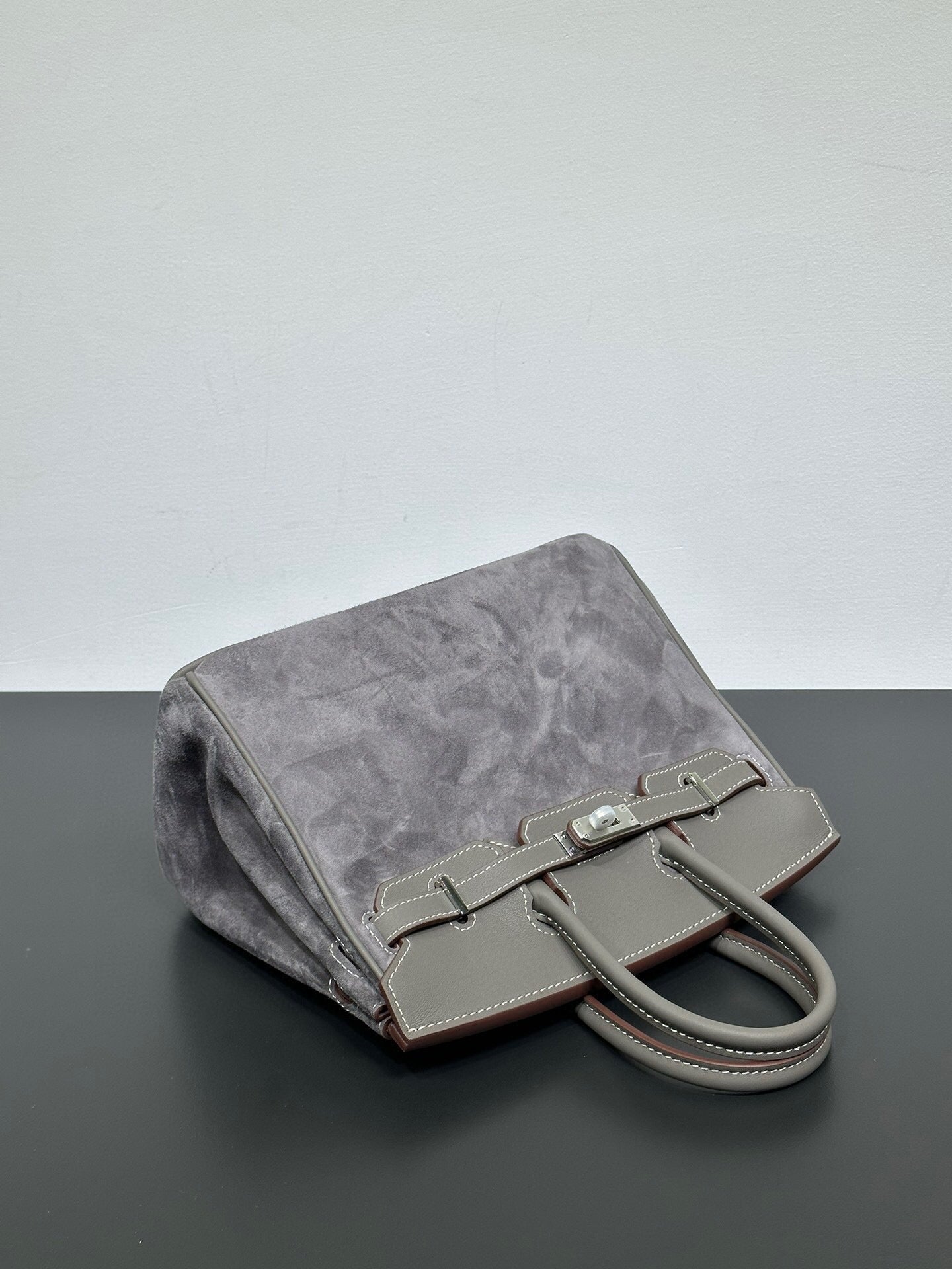 Womens Suede Leather Padlock Top Handle Bag Grey