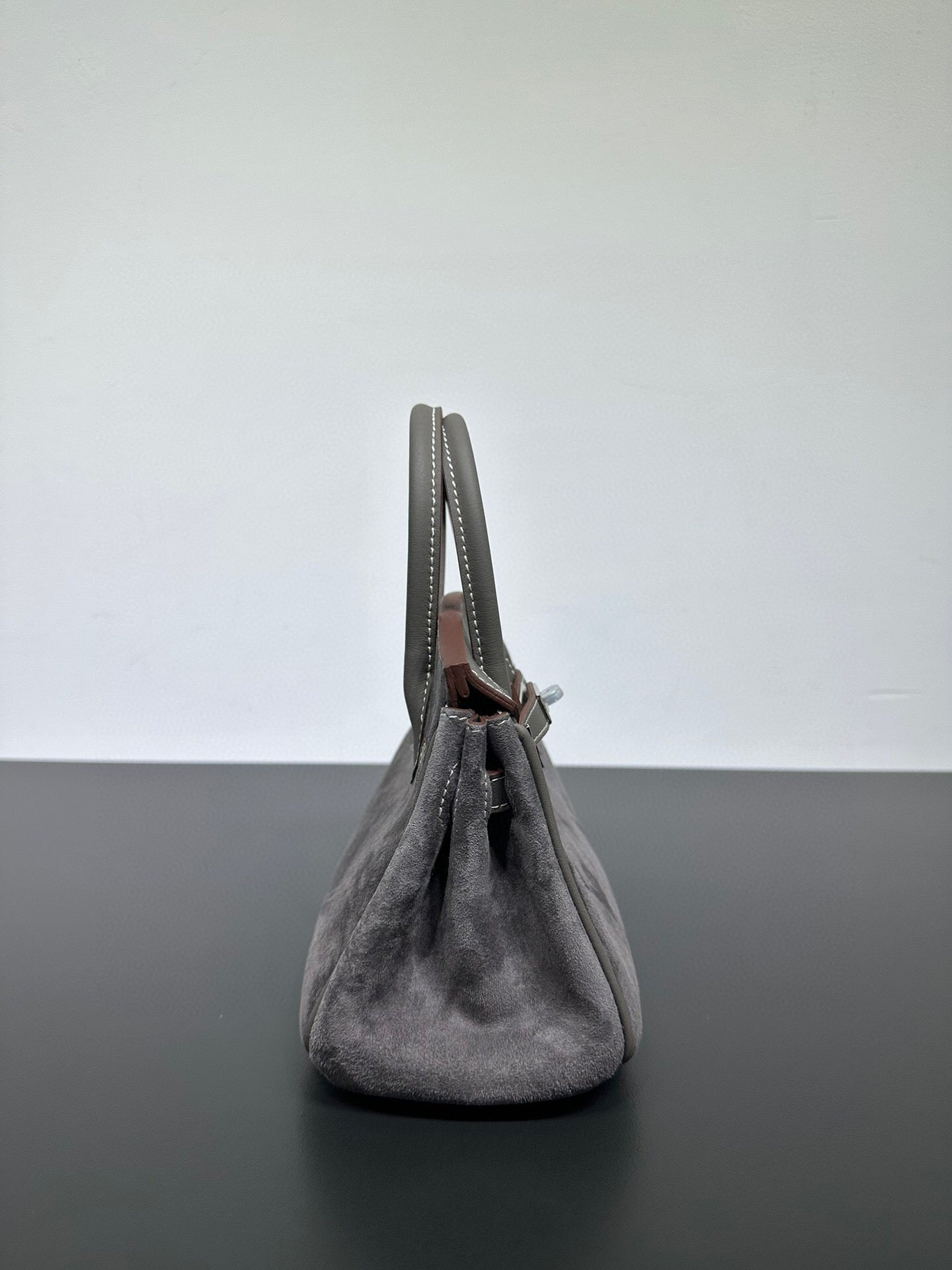 Womens Suede Leather Padlock Top Handle Bag Grey