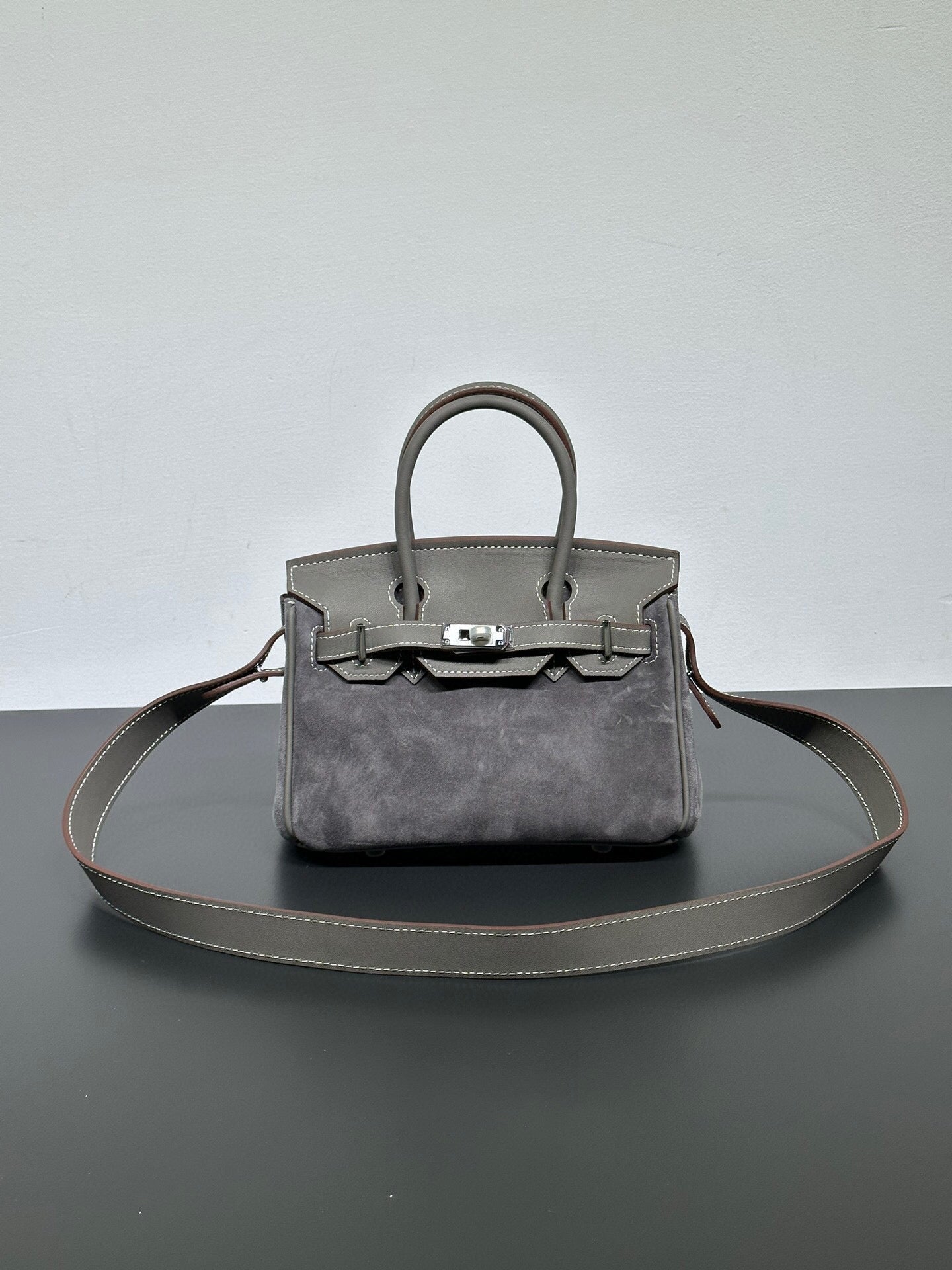 Womens Suede Leather Padlock Top Handle Bag Grey