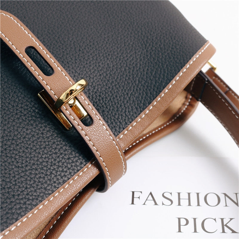 Contrast Color Leather Top Handle Bag