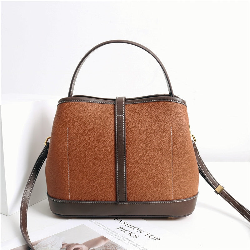 Contrast Color Leather Top Handle Bag
