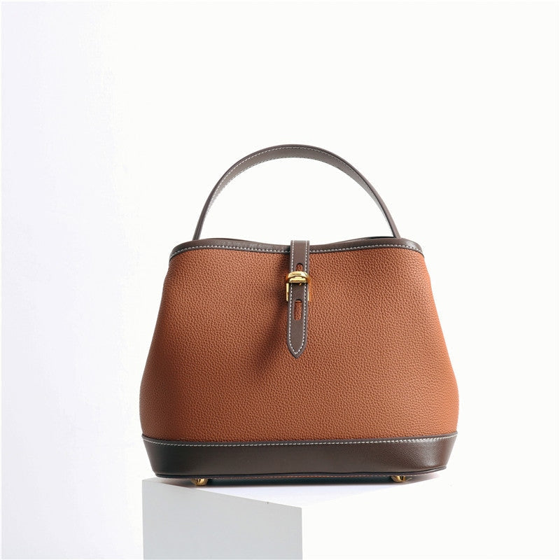 Contrast Color Leather Top Handle Bag