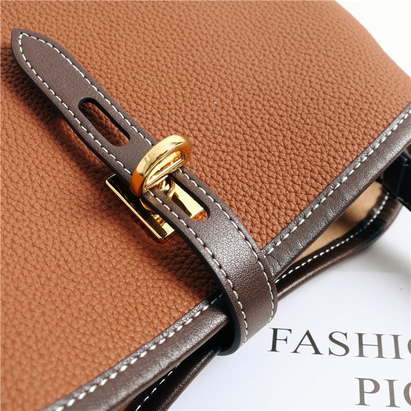 Contrast Color Leather Top Handle Bag