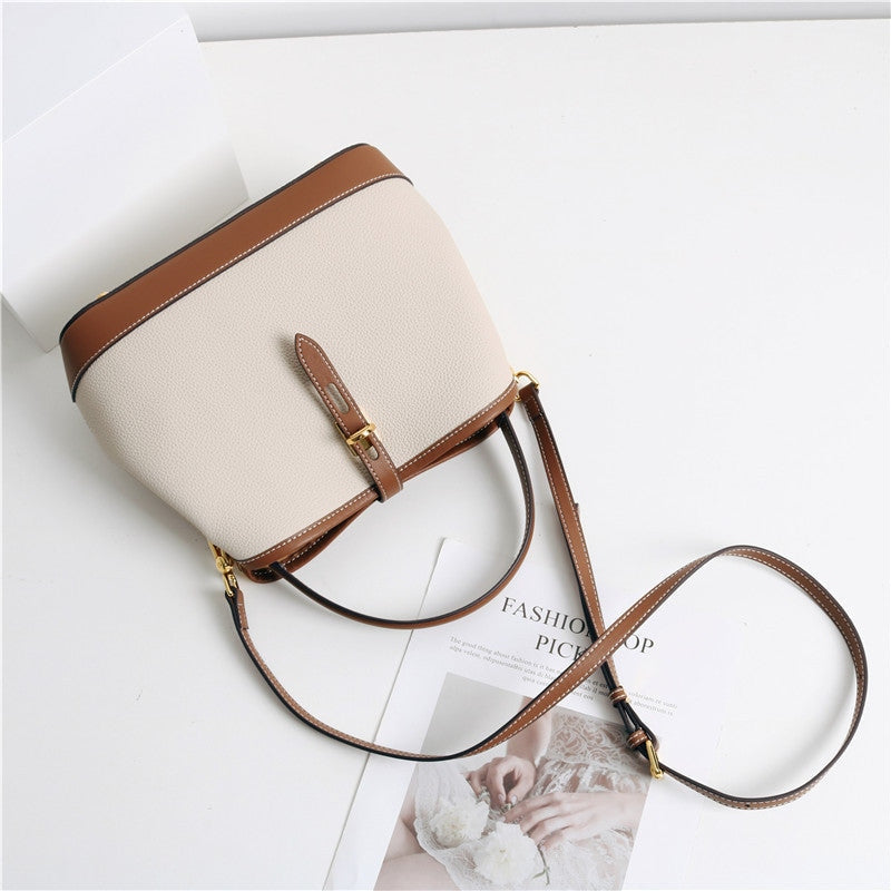 Contrast Color Leather Top Handle Bag