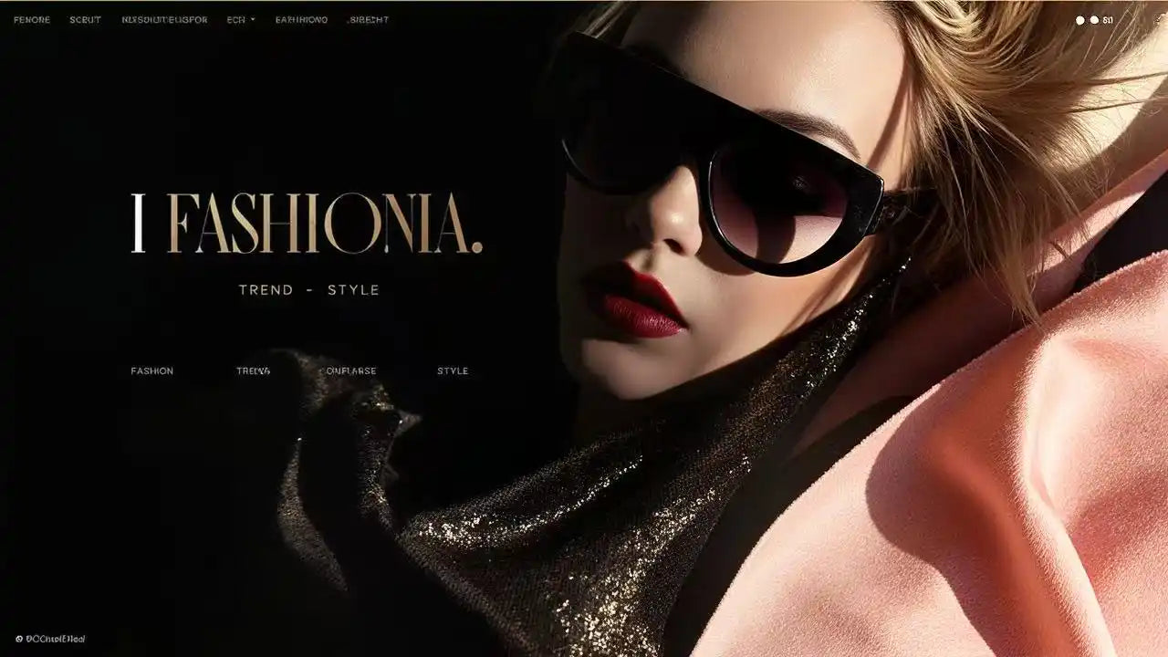 Fashion website with a dark theme and a woman wearing sunglasses.