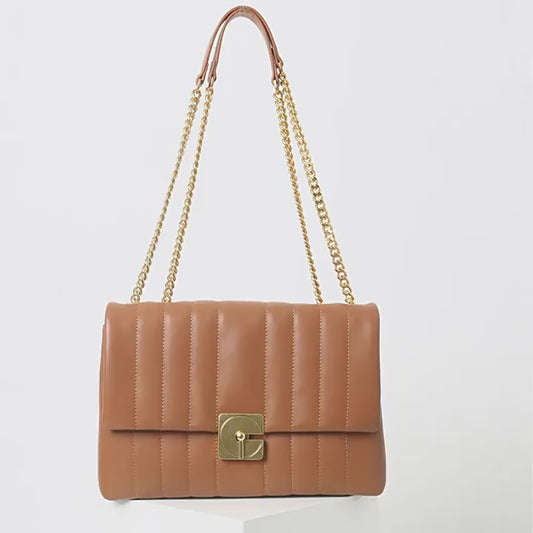 Womens Stripe Stitch Calfskin Flap Chain Shoulder Bag Leather