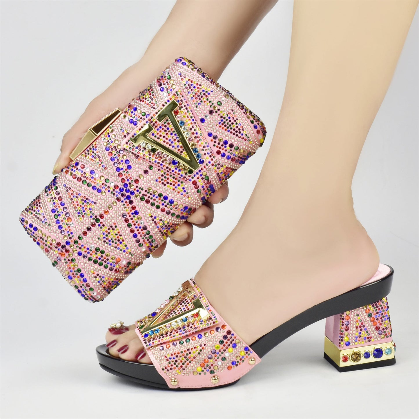 V-Shaped Diamond Horse Shoe Heel 7.5cm Thick Sandals,Rhinestones Women Shoes Bag Set,Beautiful Party WL 21402