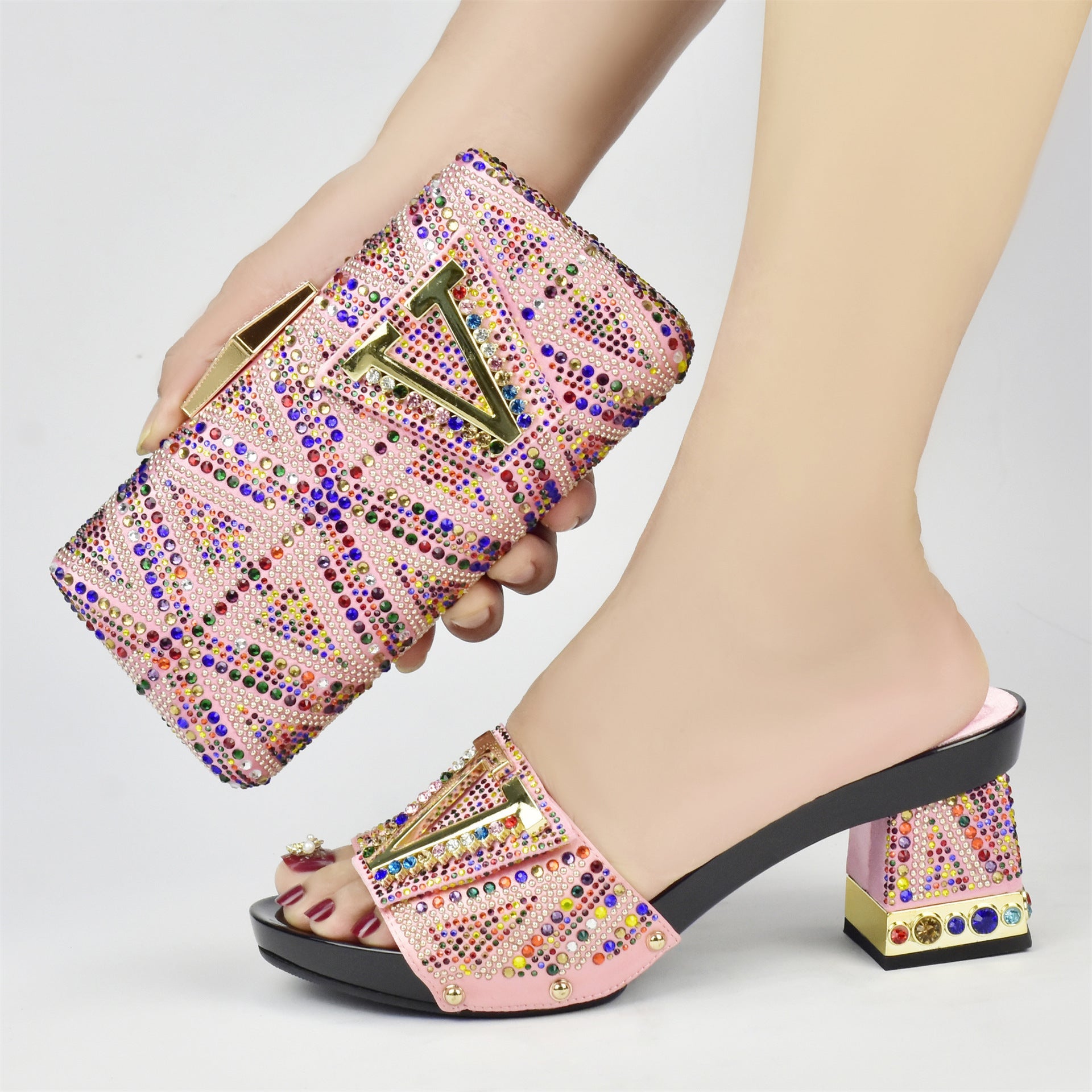 V-Shaped Diamond Horse Shoe Heel 7.5cm Thick Sandals,Rhinestones Women Shoes Bag Set,Beautiful Party WL 21402
