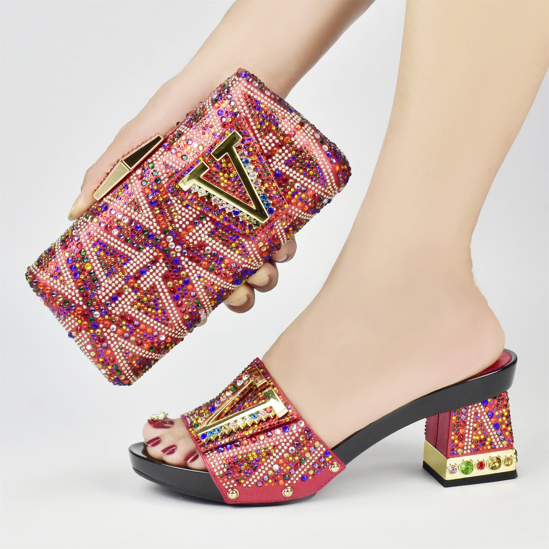 V-Shaped Diamond Horse Shoe Heel 7.5cm Thick Sandals,Rhinestones Women Shoes Bag Set,Beautiful Party WL 21402