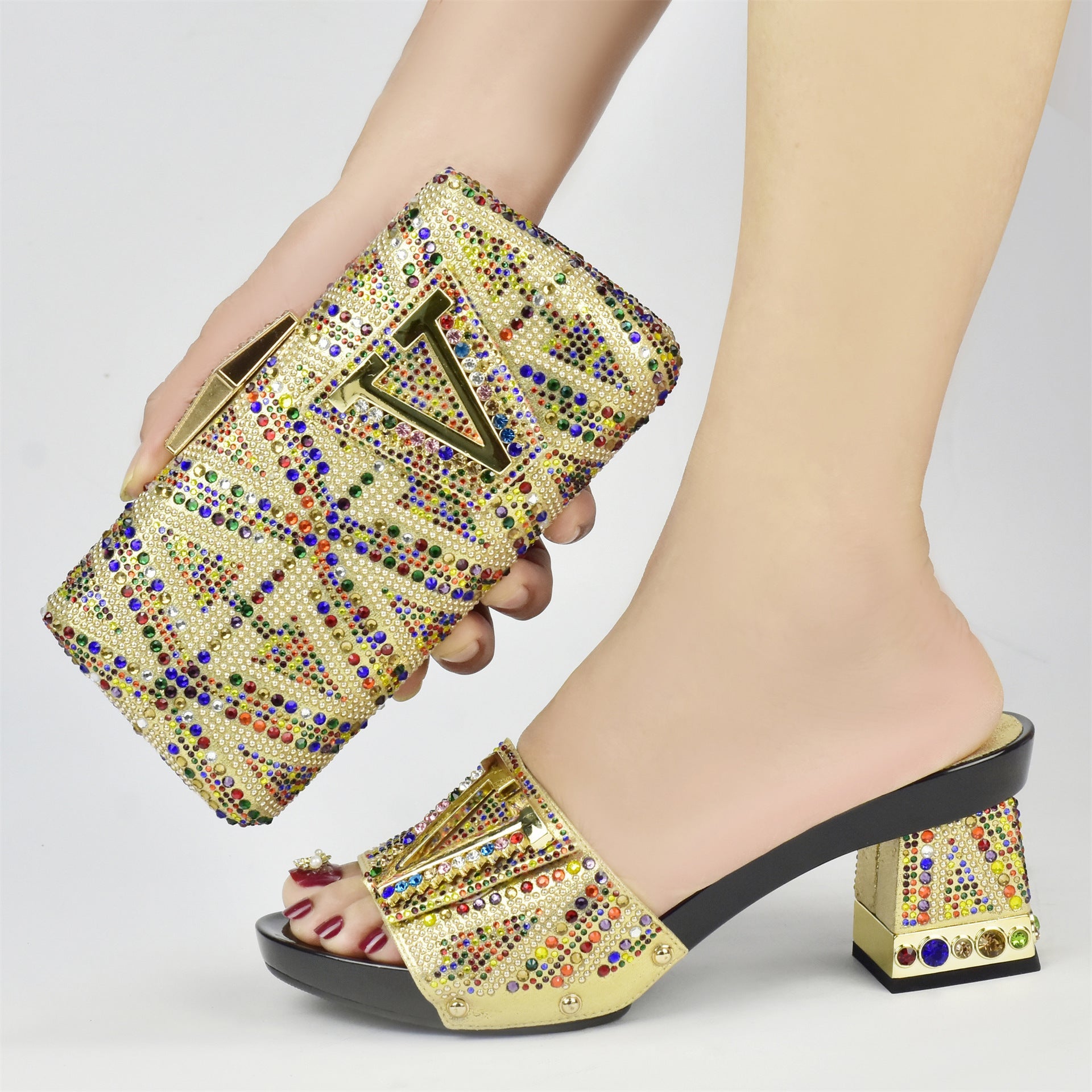 V-Shaped Diamond Horse Shoe Heel 7.5cm Thick Sandals,Rhinestones Women Shoes Bag Set,Beautiful Party WL 21402