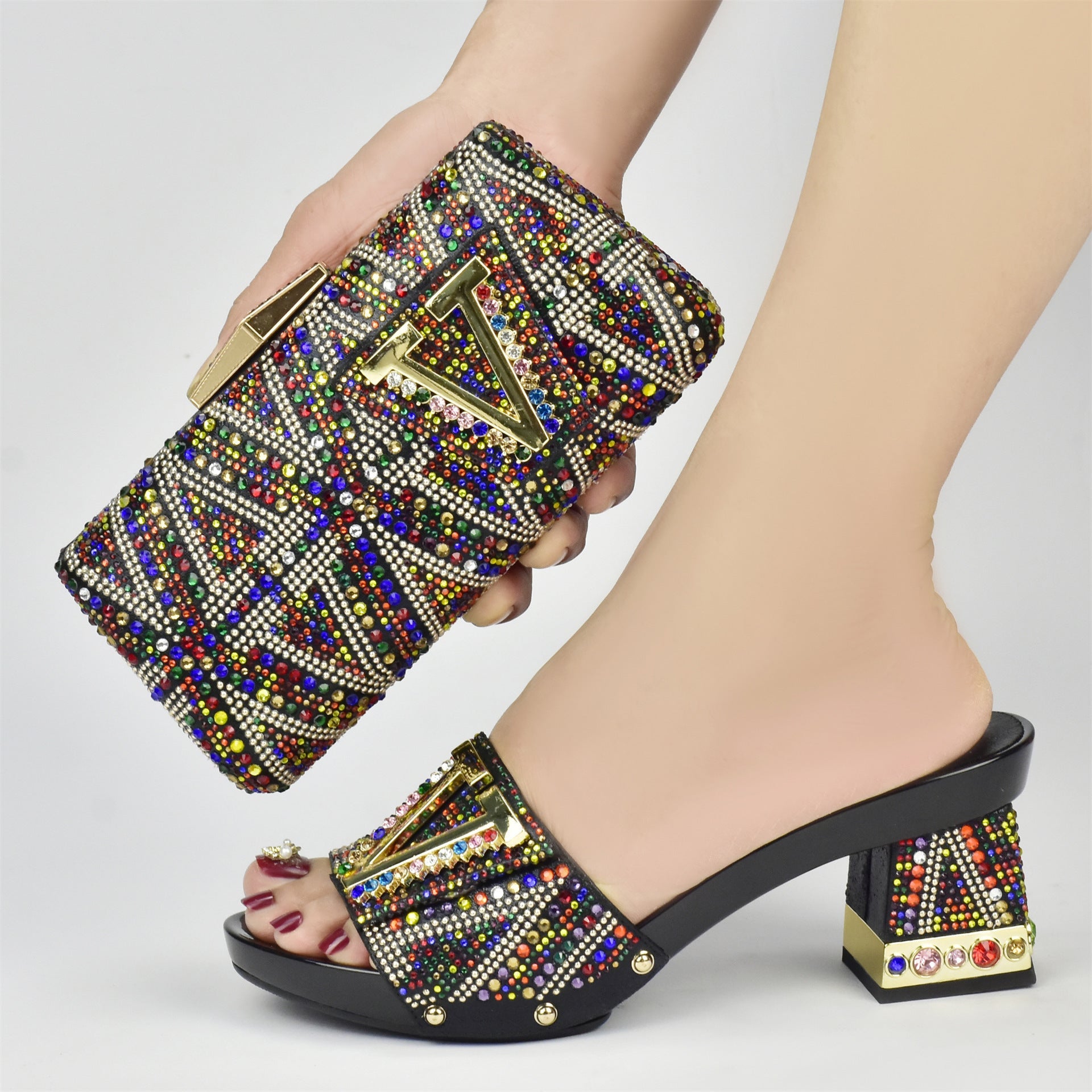 V-Shaped Diamond Horse Shoe Heel 7.5cm Thick Sandals,Rhinestones Women Shoes Bag Set,Beautiful Party WL 21402