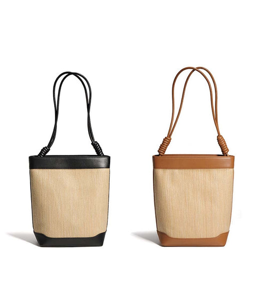 Womens Calfskin Leather Straw Bucket Large Shoulder Bag