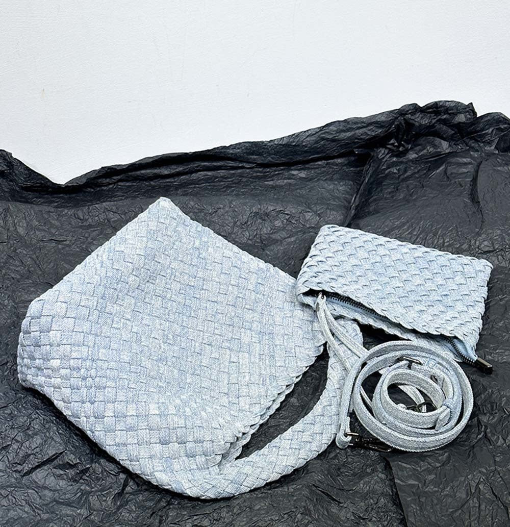 Womens Denim Woven Large Hobo Bucket Tote Bag With Pouch