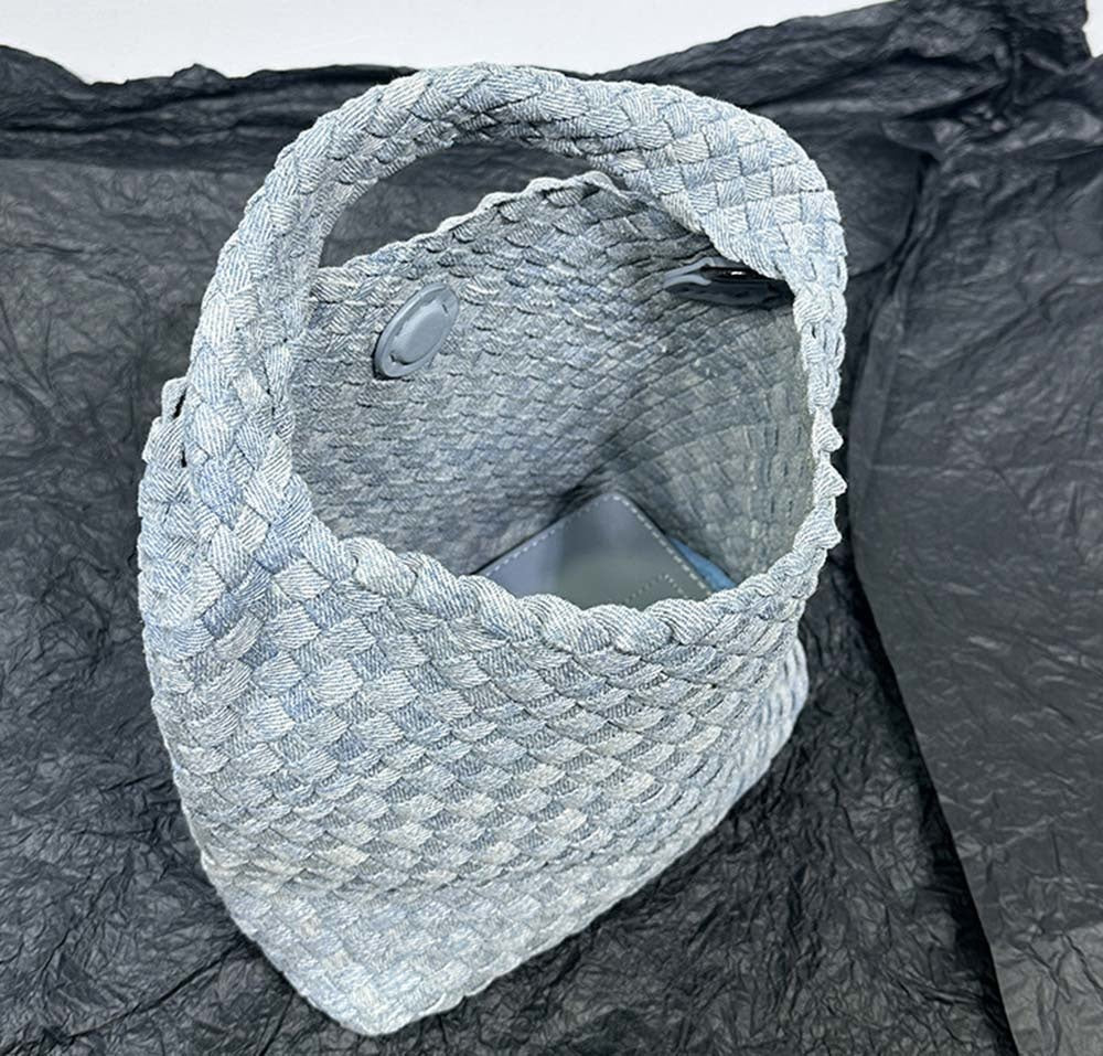 Womens Denim Woven Large Hobo Bucket Tote Bag With Pouch