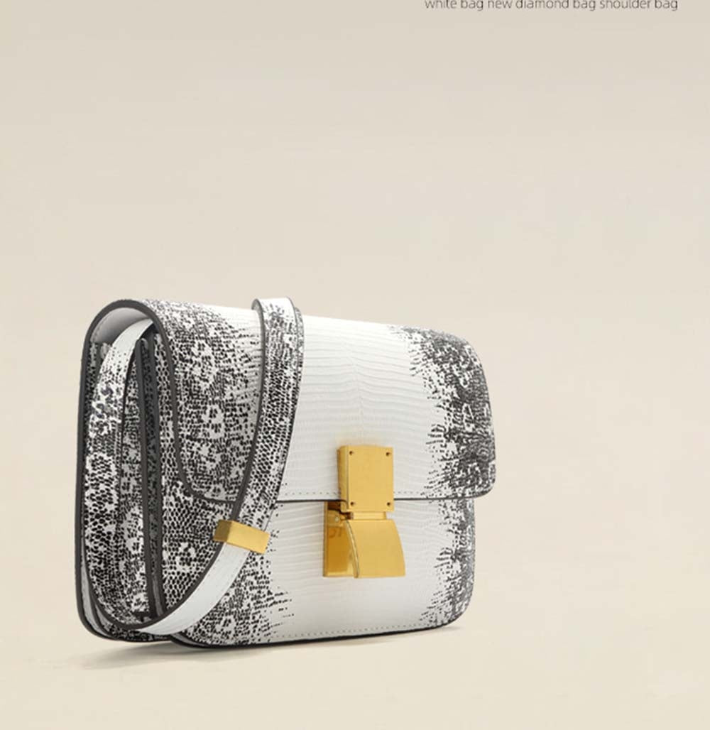 Womens Embossed Lizard Pattern Calfskin Leather Box Bag Himalaya White