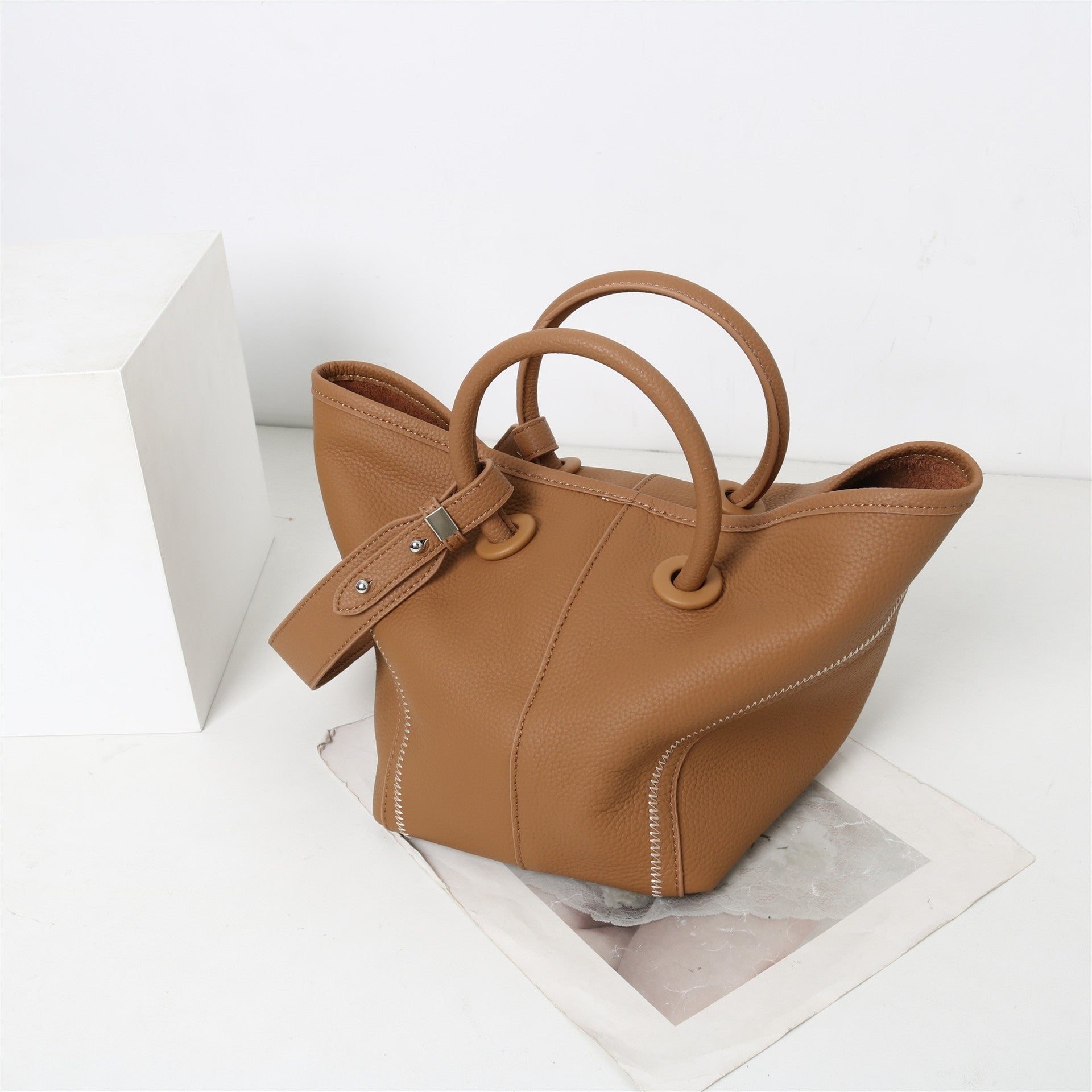 Womens Quilted Leather Bucket Basket Top Handle Bag