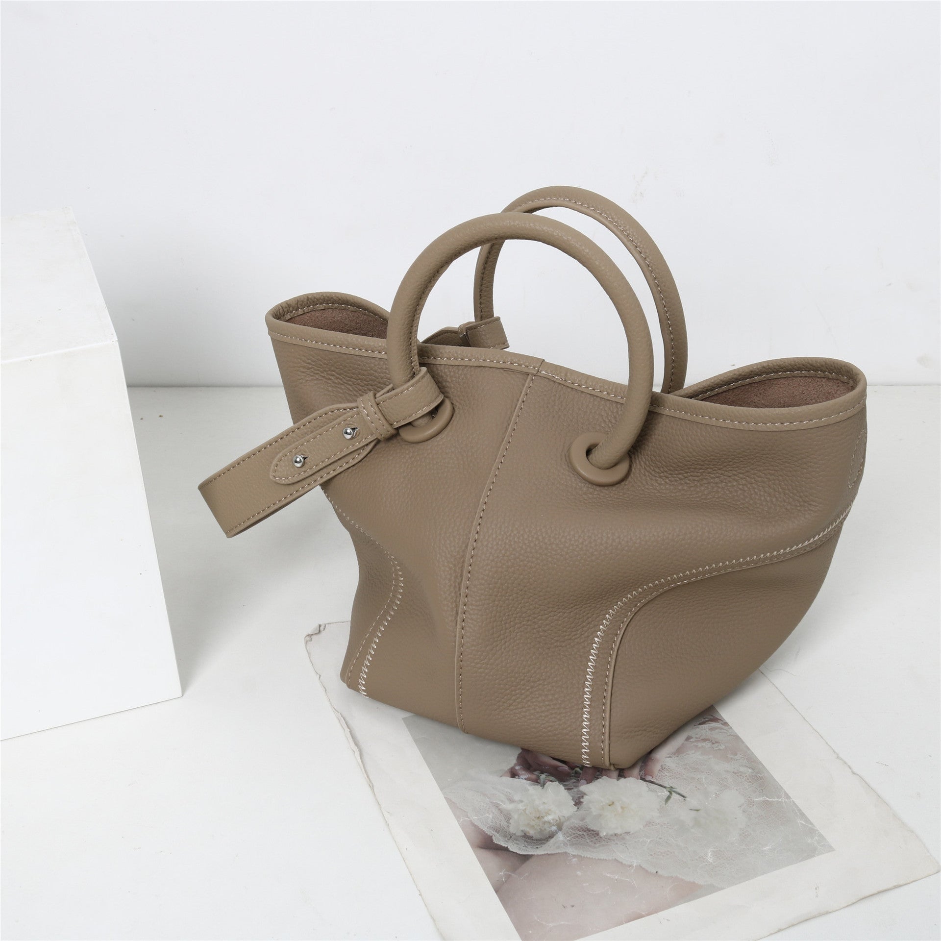 Womens Quilted Leather Bucket Basket Top Handle Bag