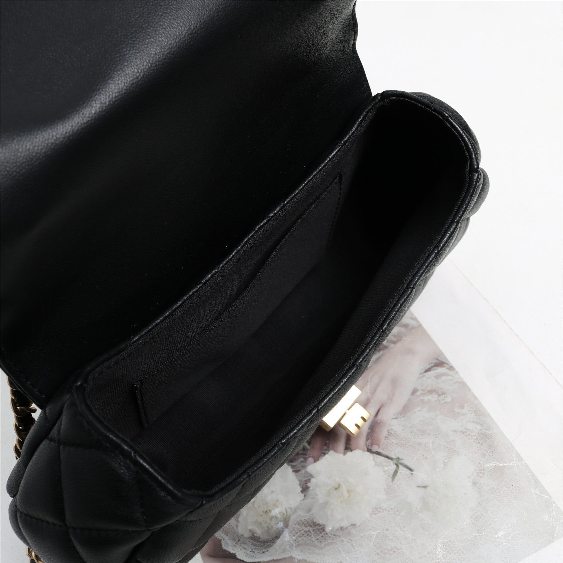 Womens Quilted Leather Cross Body Handle Flap Bag Black
