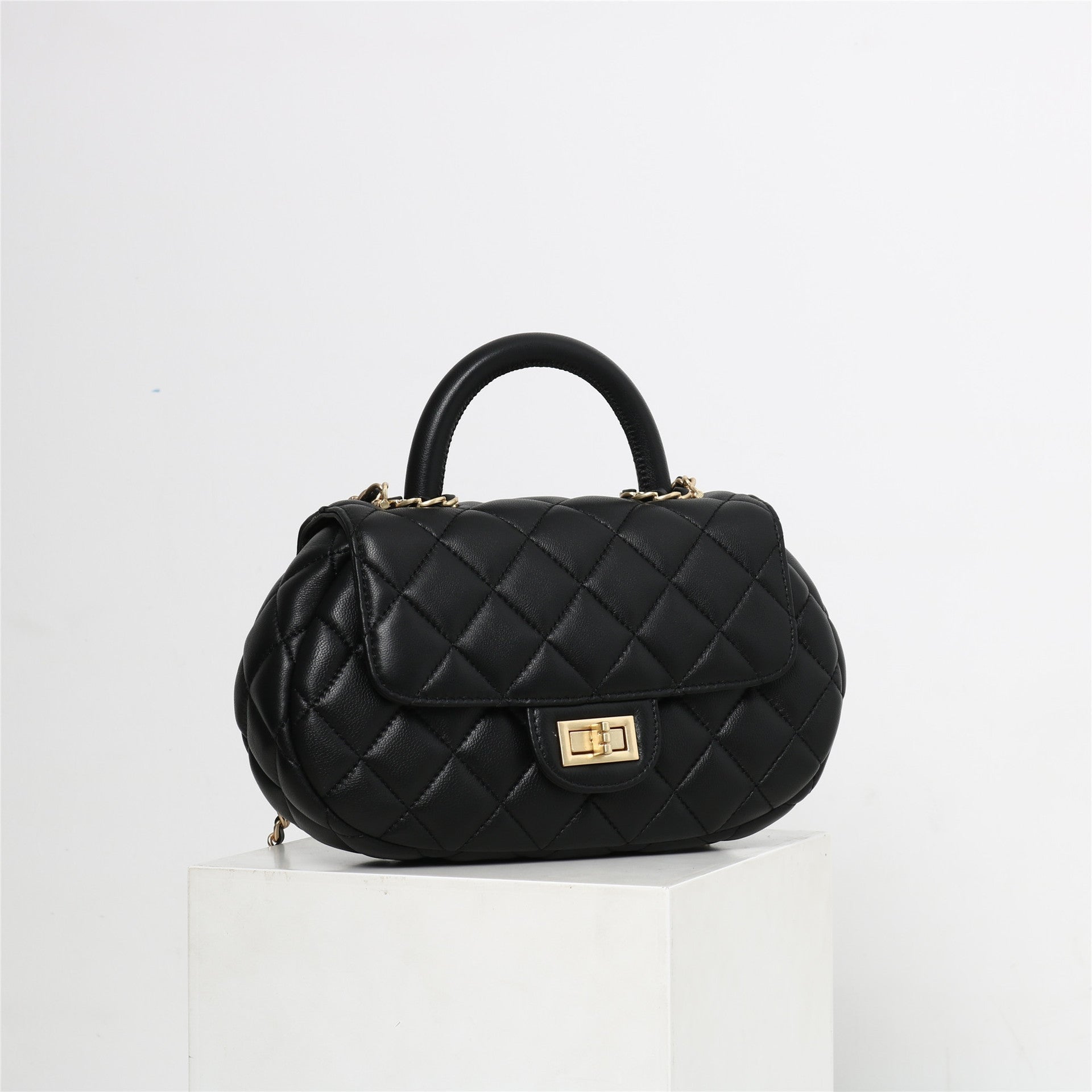 Womens Quilted Leather Cross Body Handle Flap Bag Black
