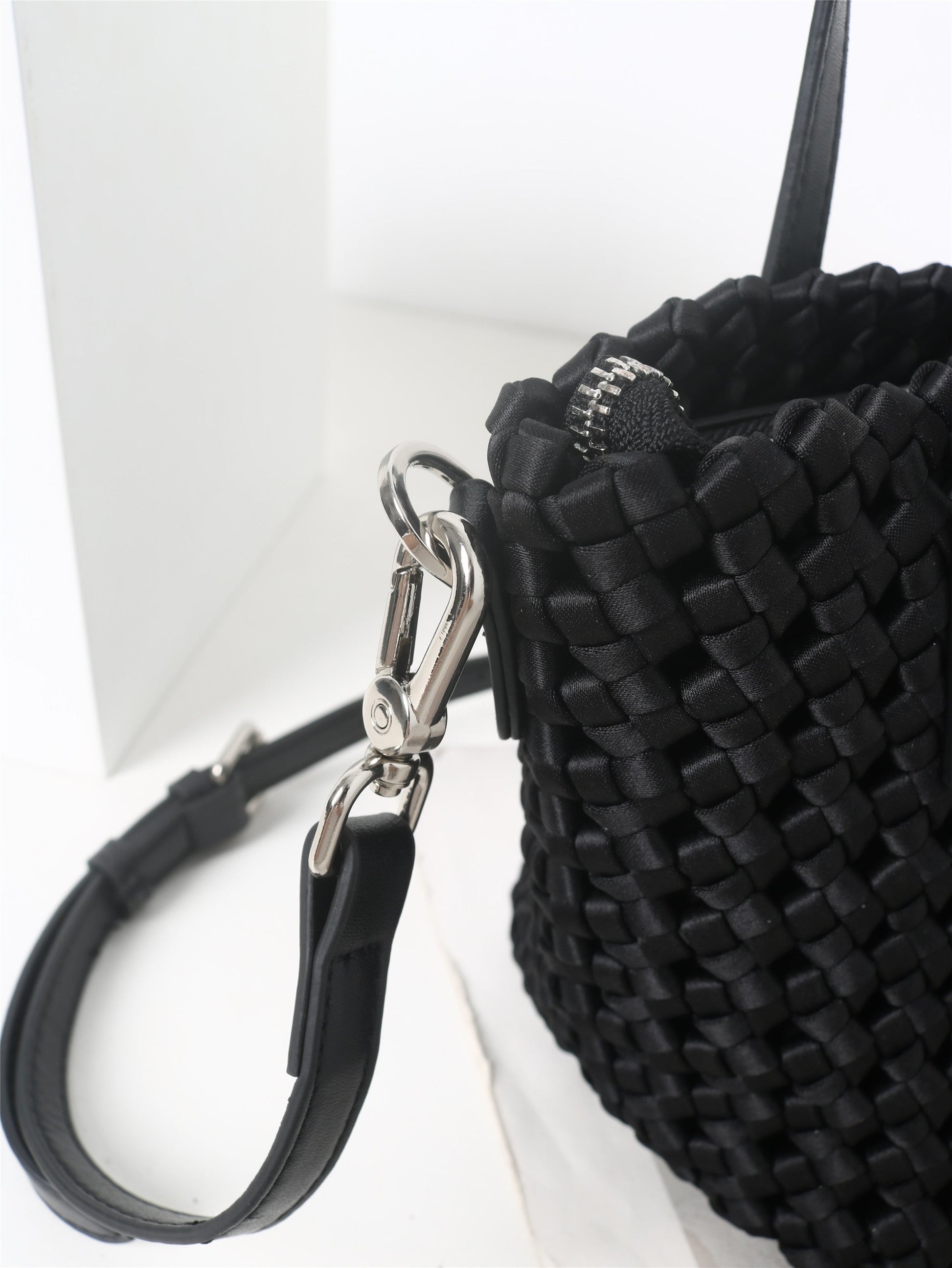 Womens Quilted Leather Mini Drawstring Bucket Bag
