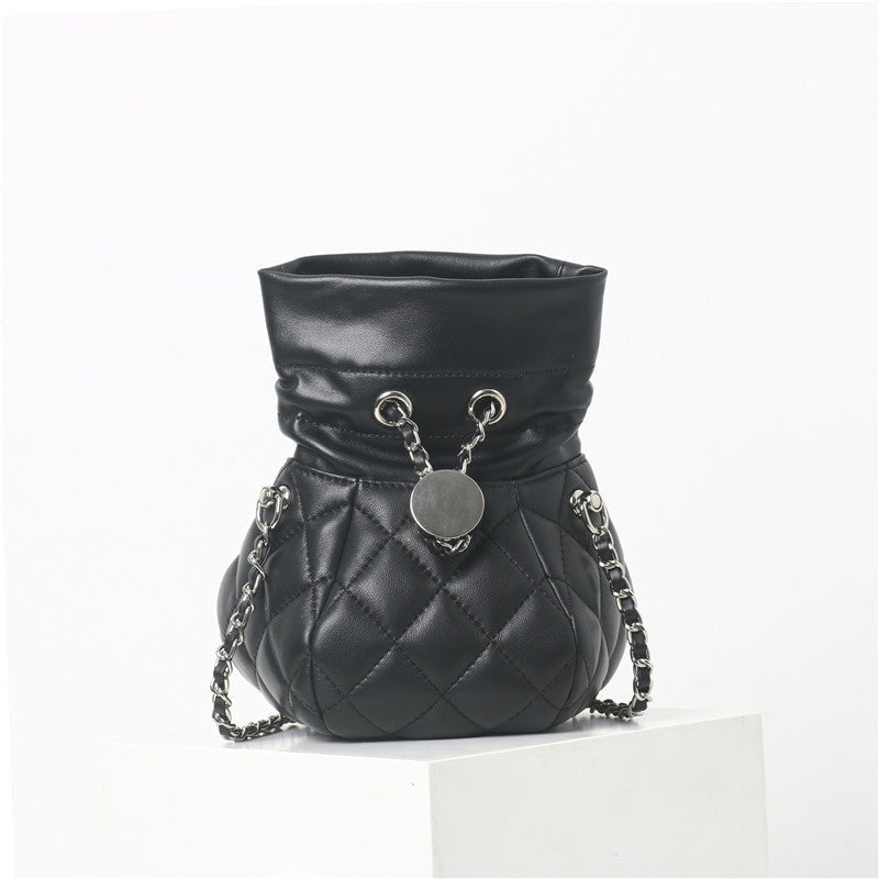 Womens Quilted Leather Mini Drawstring Bucket Bag