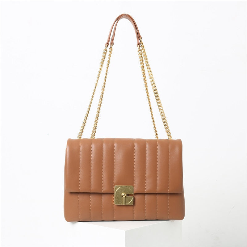 Womens Stripe Stitch Calfskin Flap Chain Shoulder Bag Leather