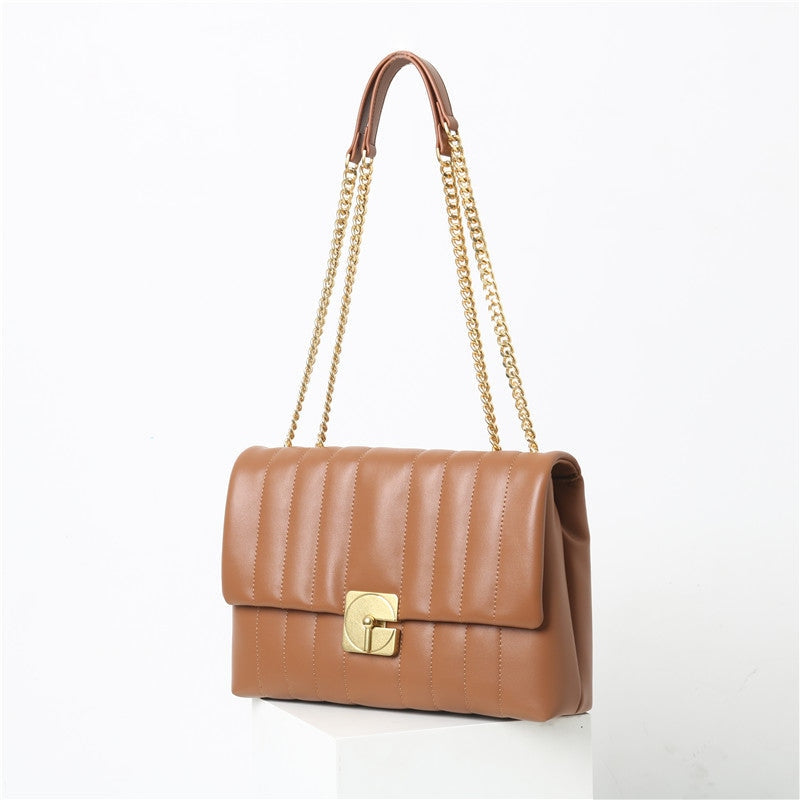 Womens Stripe Stitch Calfskin Flap Chain Shoulder Bag Leather