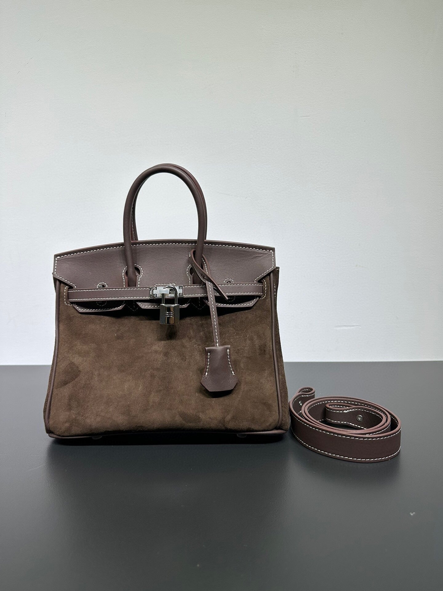 Womens Suede Leather Padlock Top Handle Bag Brown