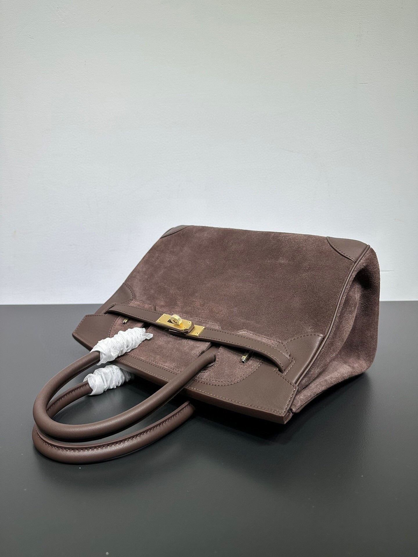 Womens Suede Leather Padlock Top Handle Bag Brown