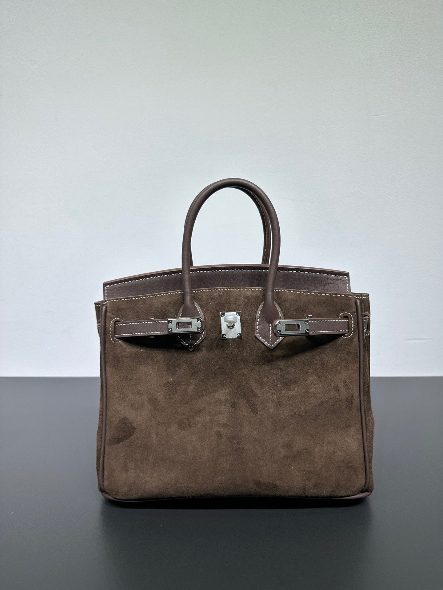 Womens Suede Leather Padlock Top Handle Bag Brown