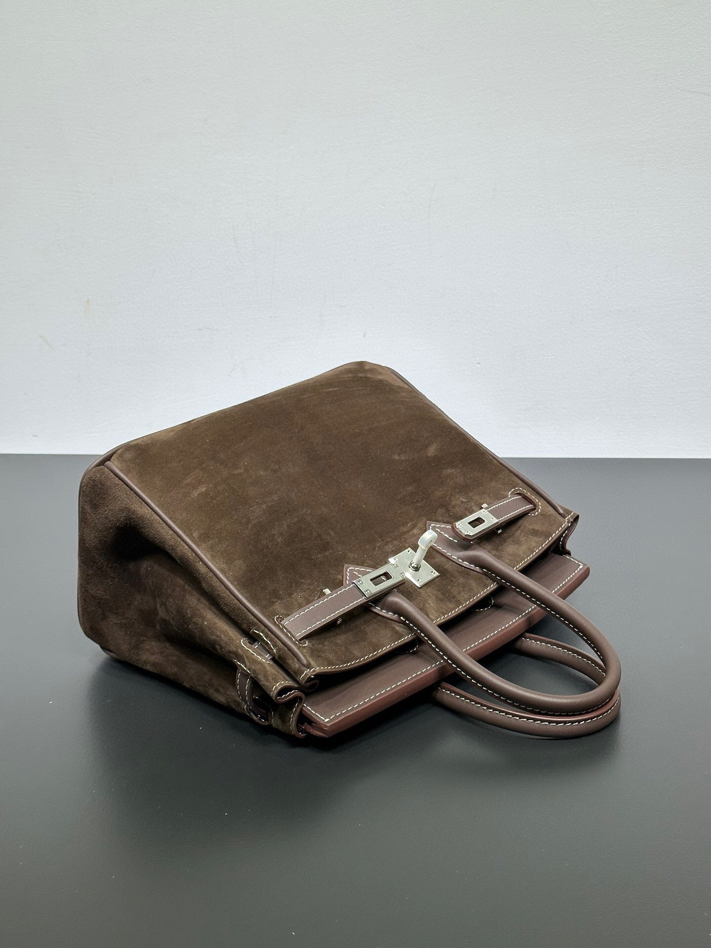 Womens Suede Leather Padlock Top Handle Bag Brown