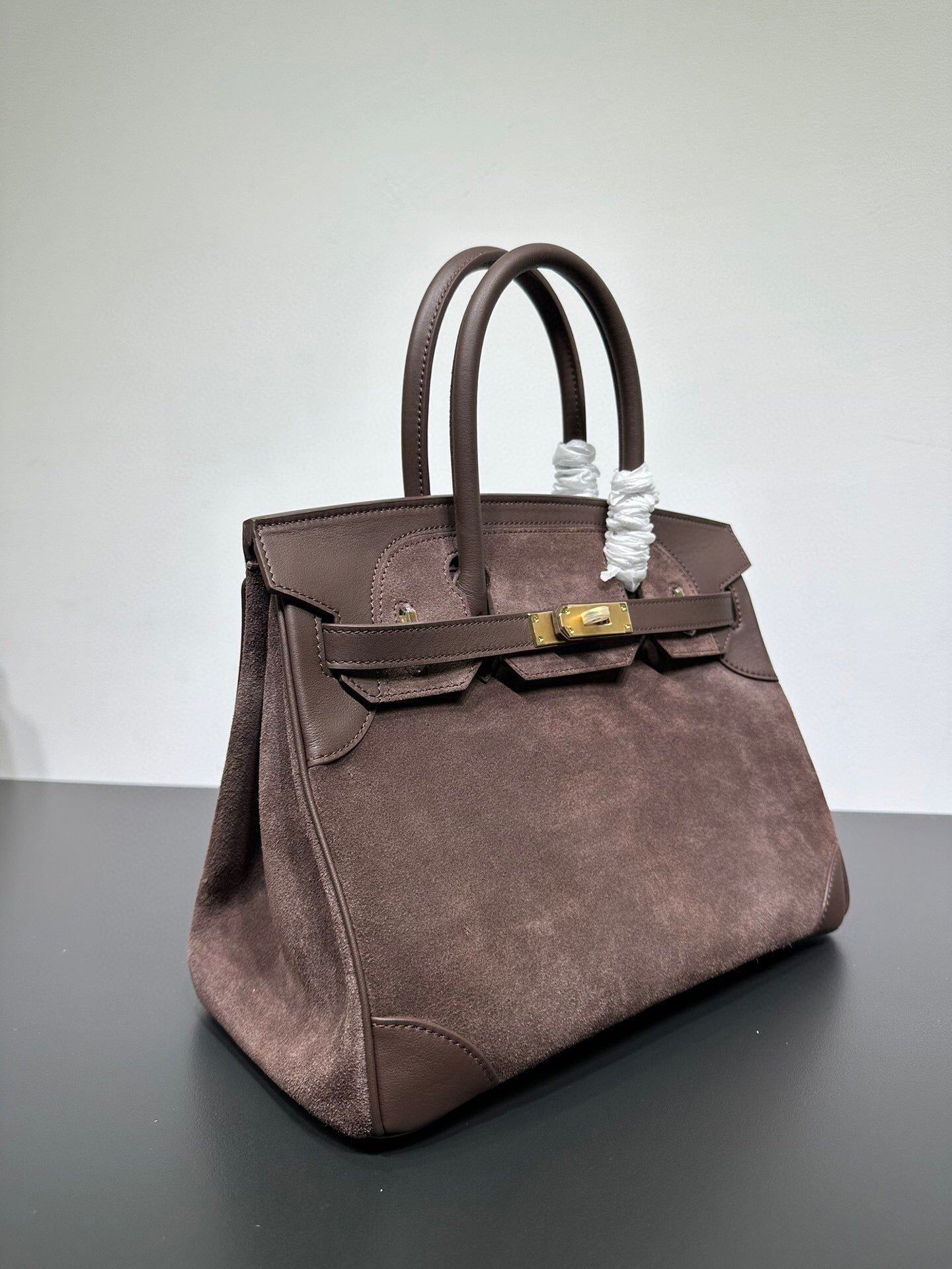 Womens Suede Leather Padlock Top Handle Bag Brown