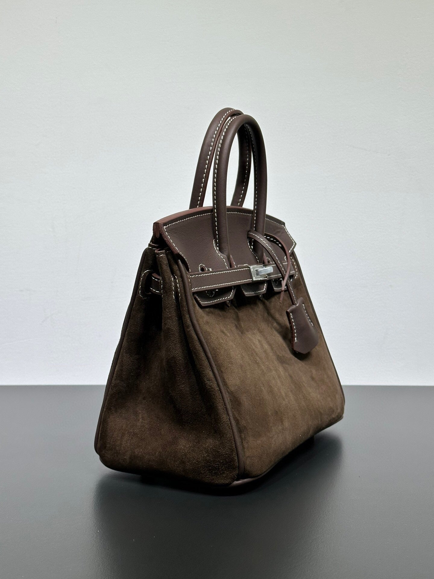 Womens Suede Leather Padlock Top Handle Bag Brown
