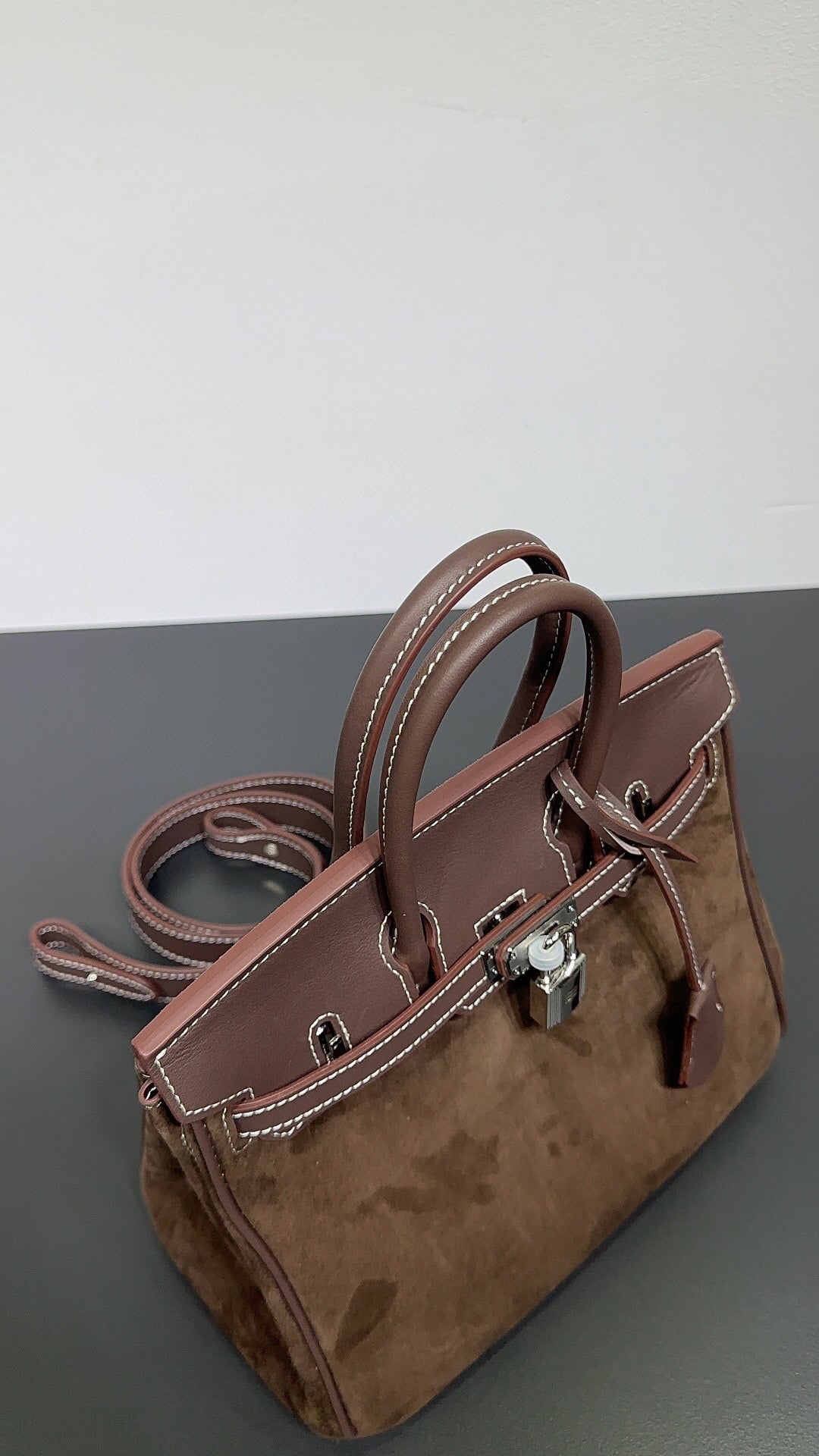 Womens Suede Leather Padlock Top Handle Bag Brown