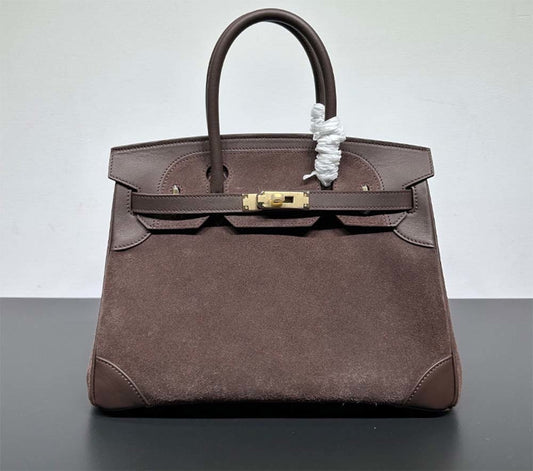 Womens Suede Leather Padlock Top Handle Bag Brown