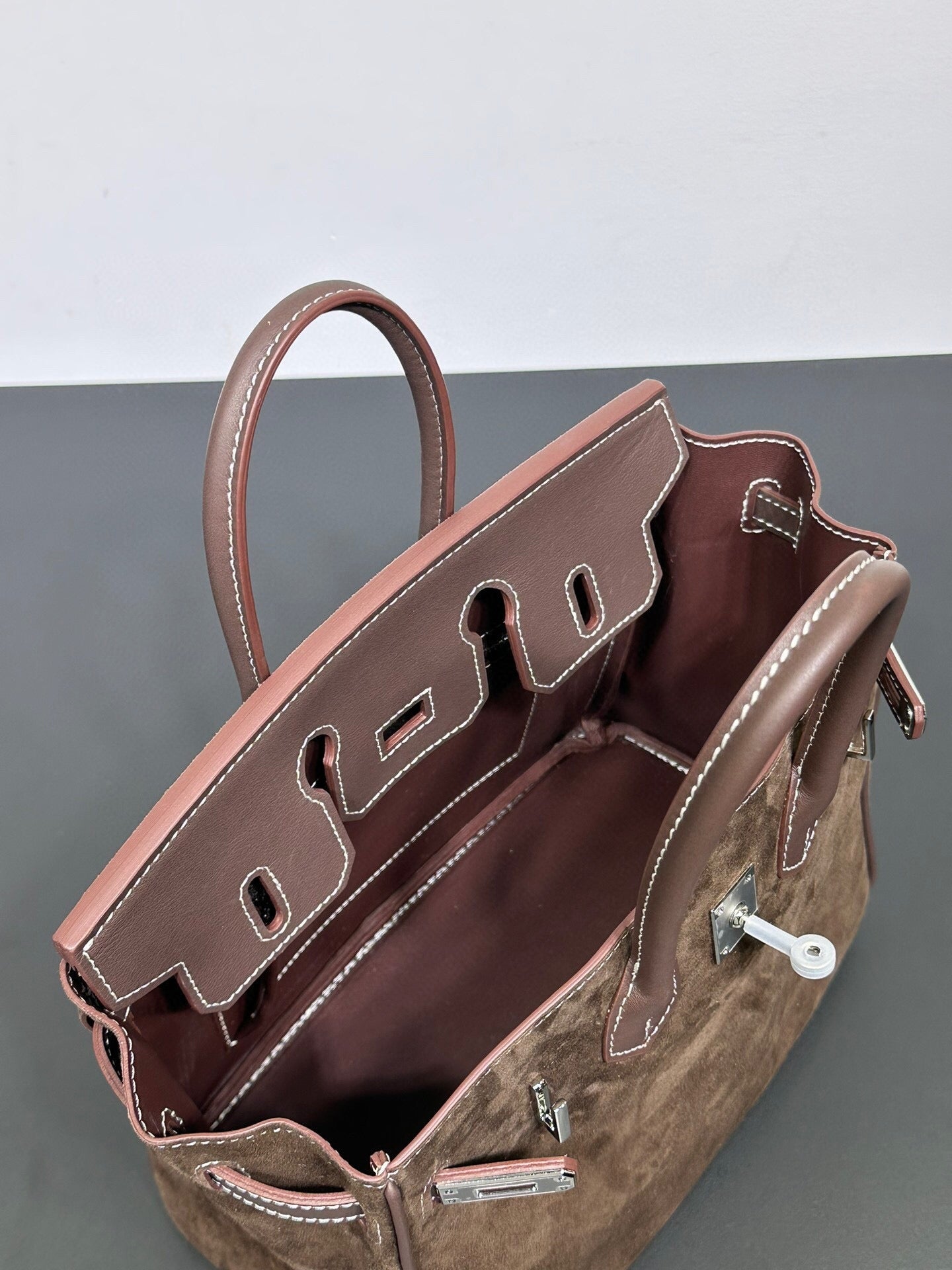 Womens Suede Leather Padlock Top Handle Bag Brown