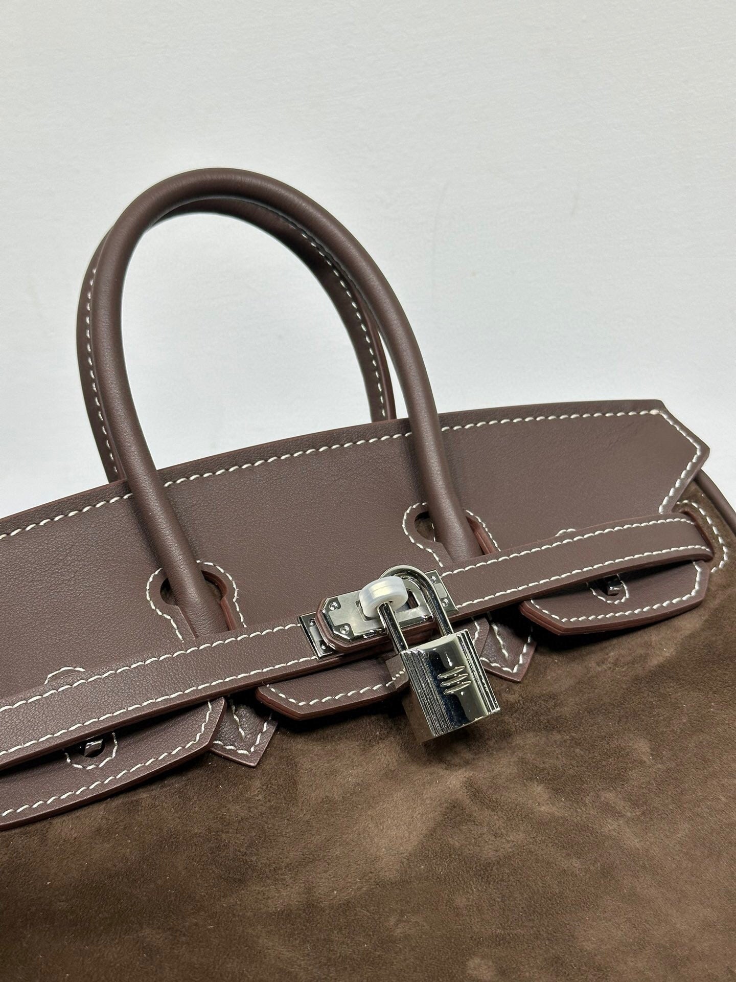 Womens Suede Leather Padlock Top Handle Bag Brown