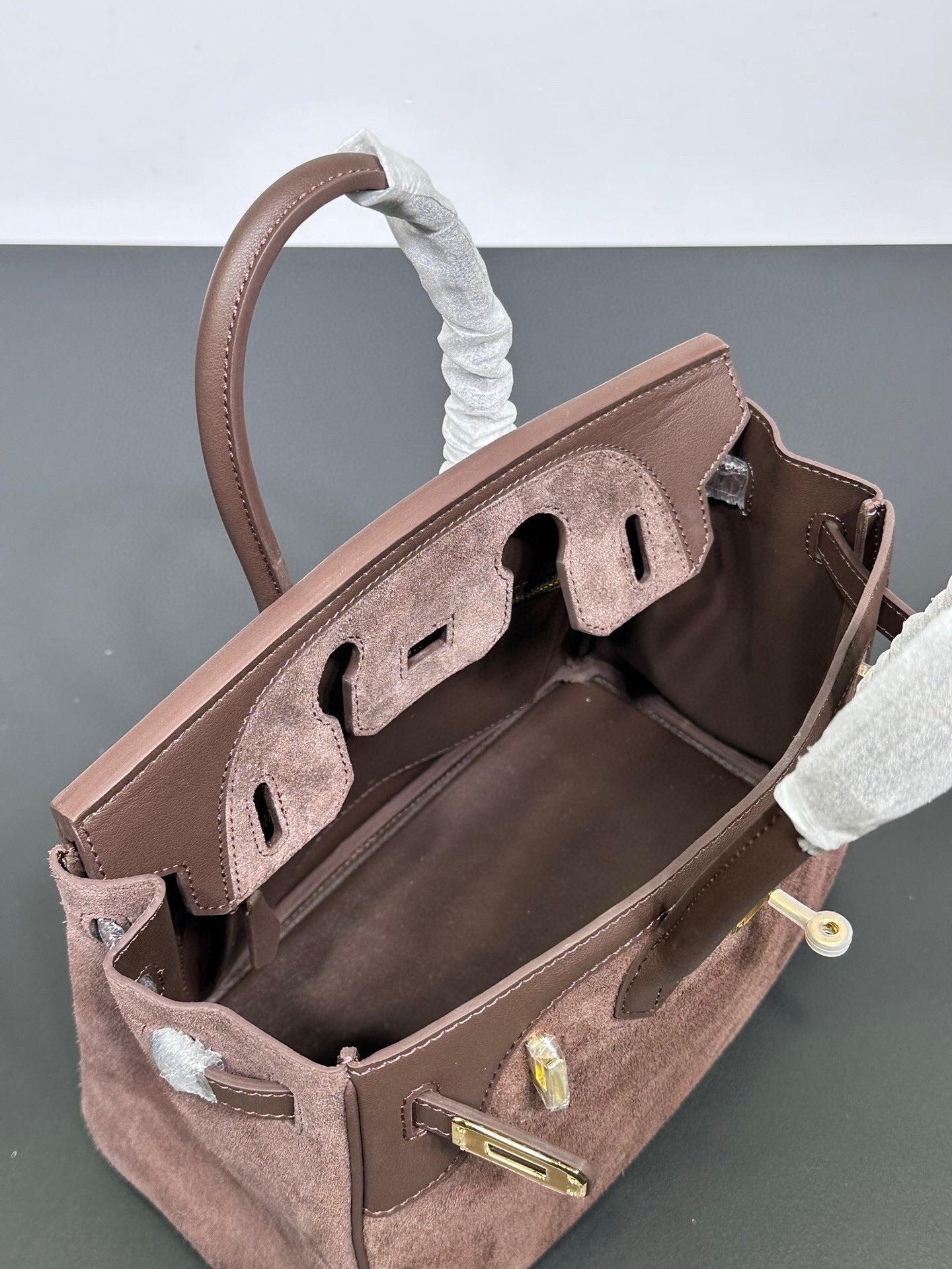 Womens Suede Leather Padlock Top Handle Bag Brown