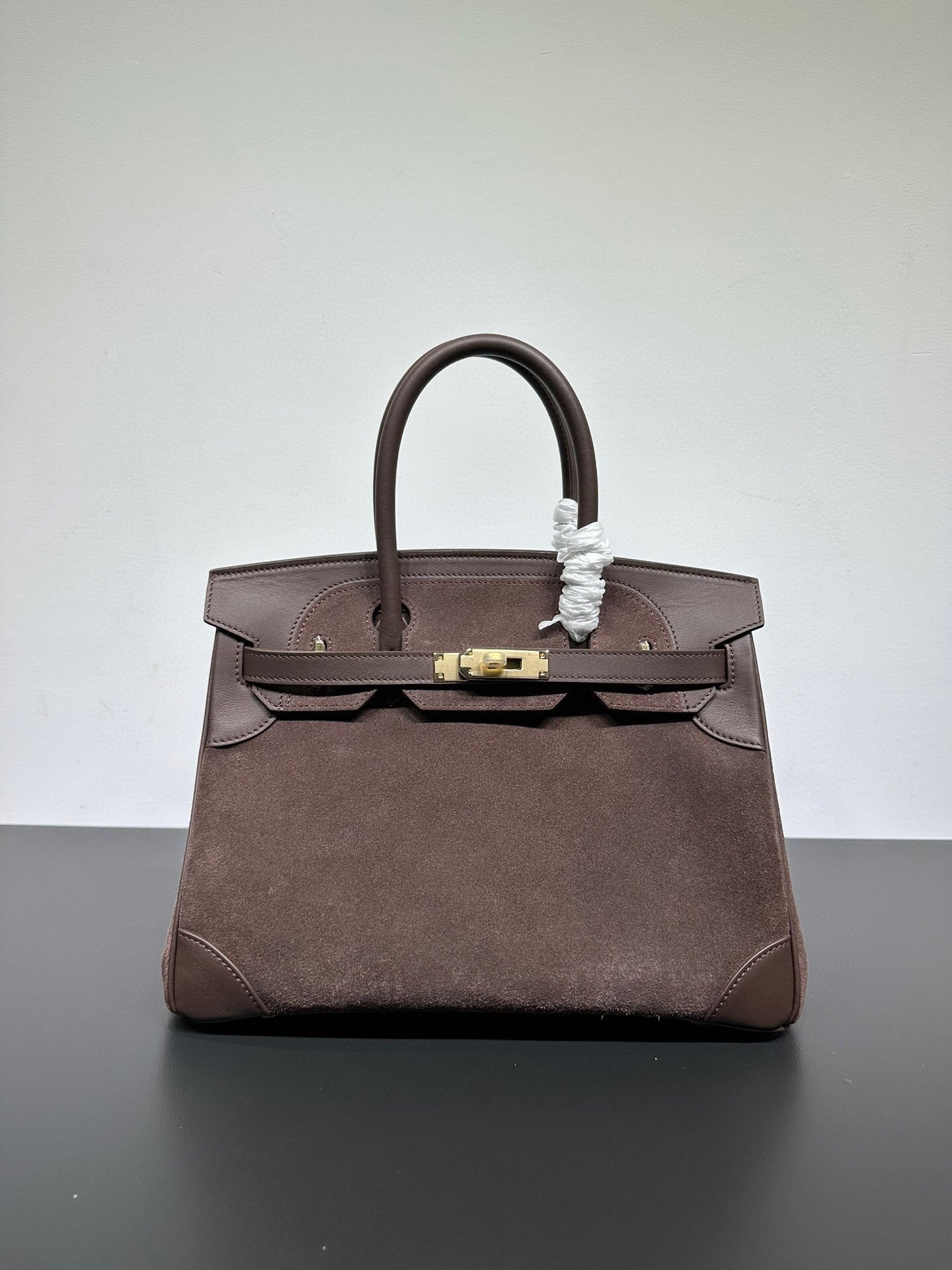 Womens Suede Leather Padlock Top Handle Bag Brown