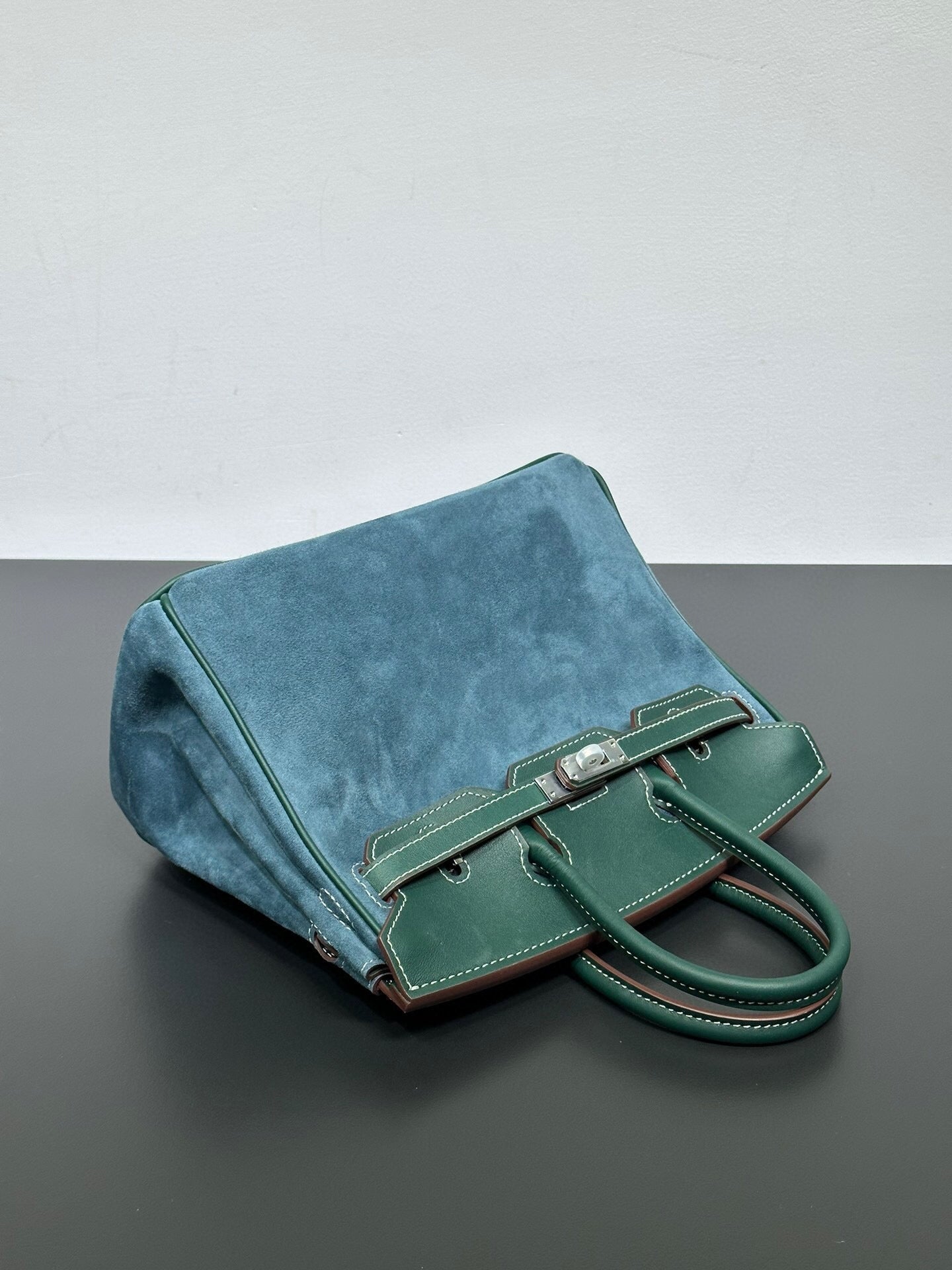 Womens Suede Leather Padlock Top Handle Bag Dark Green